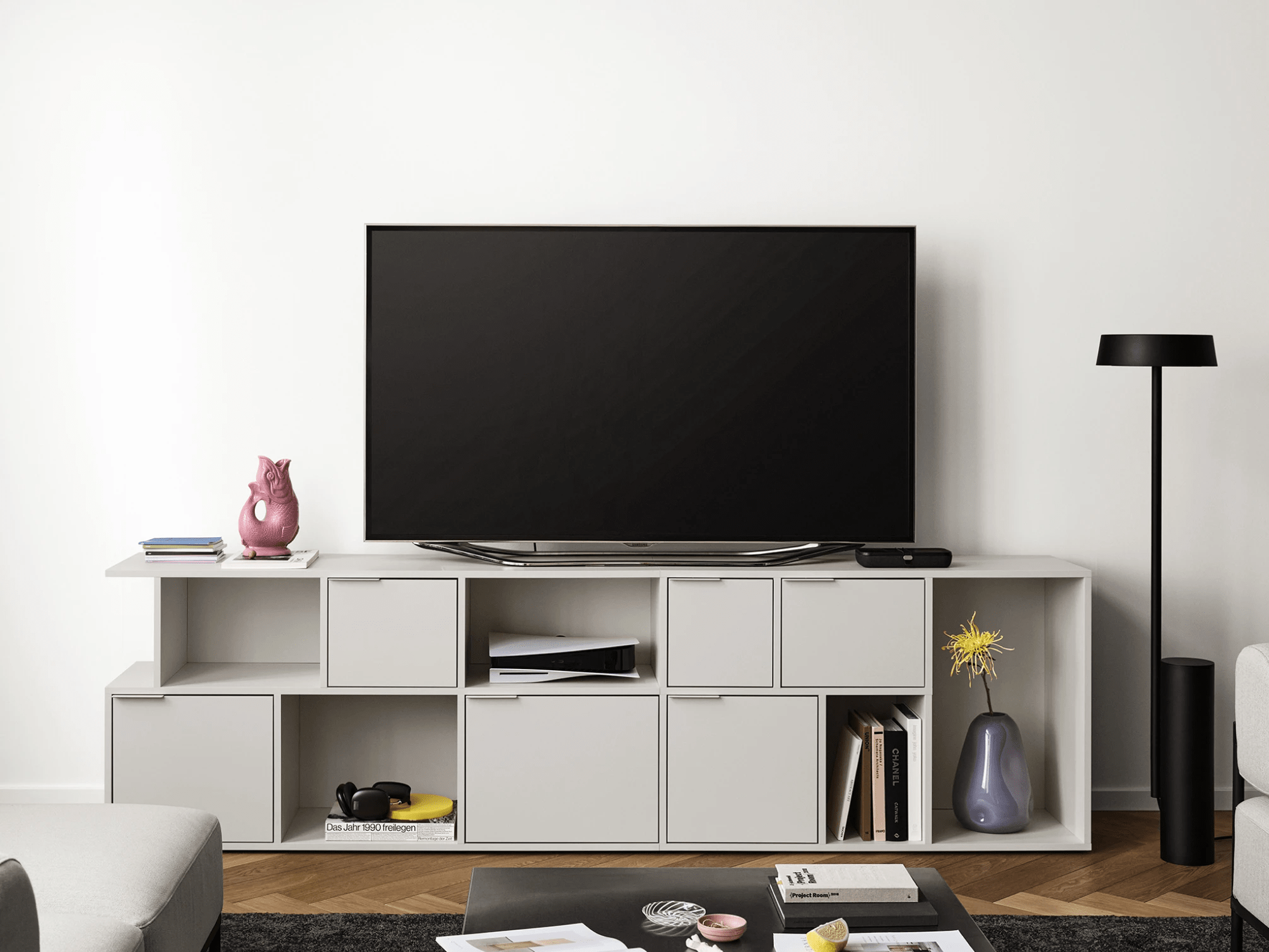 Tv Stand in Grey with Doors and Backpanels 1