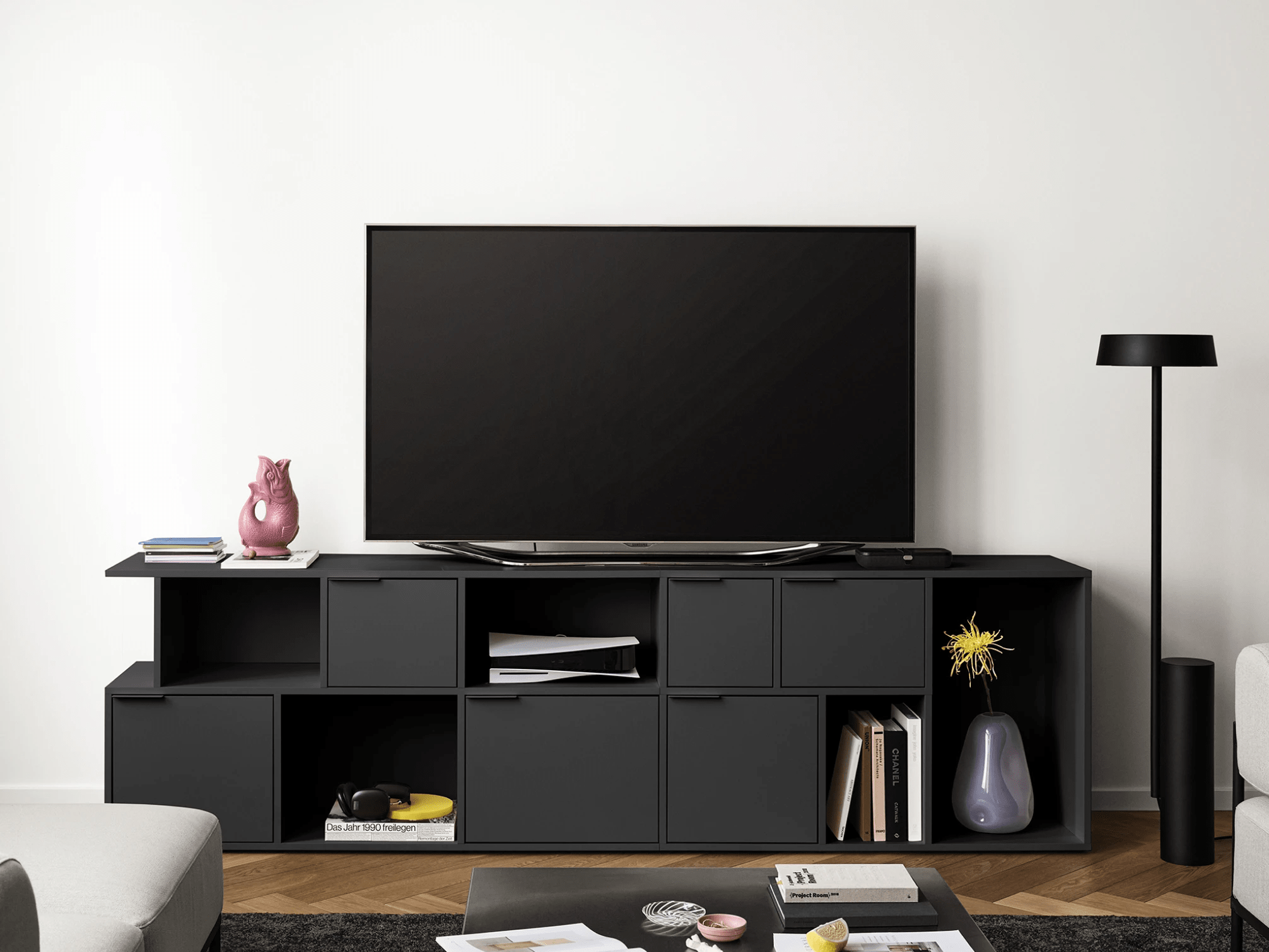 Tv Stand in Black with Doors and Drawers 1