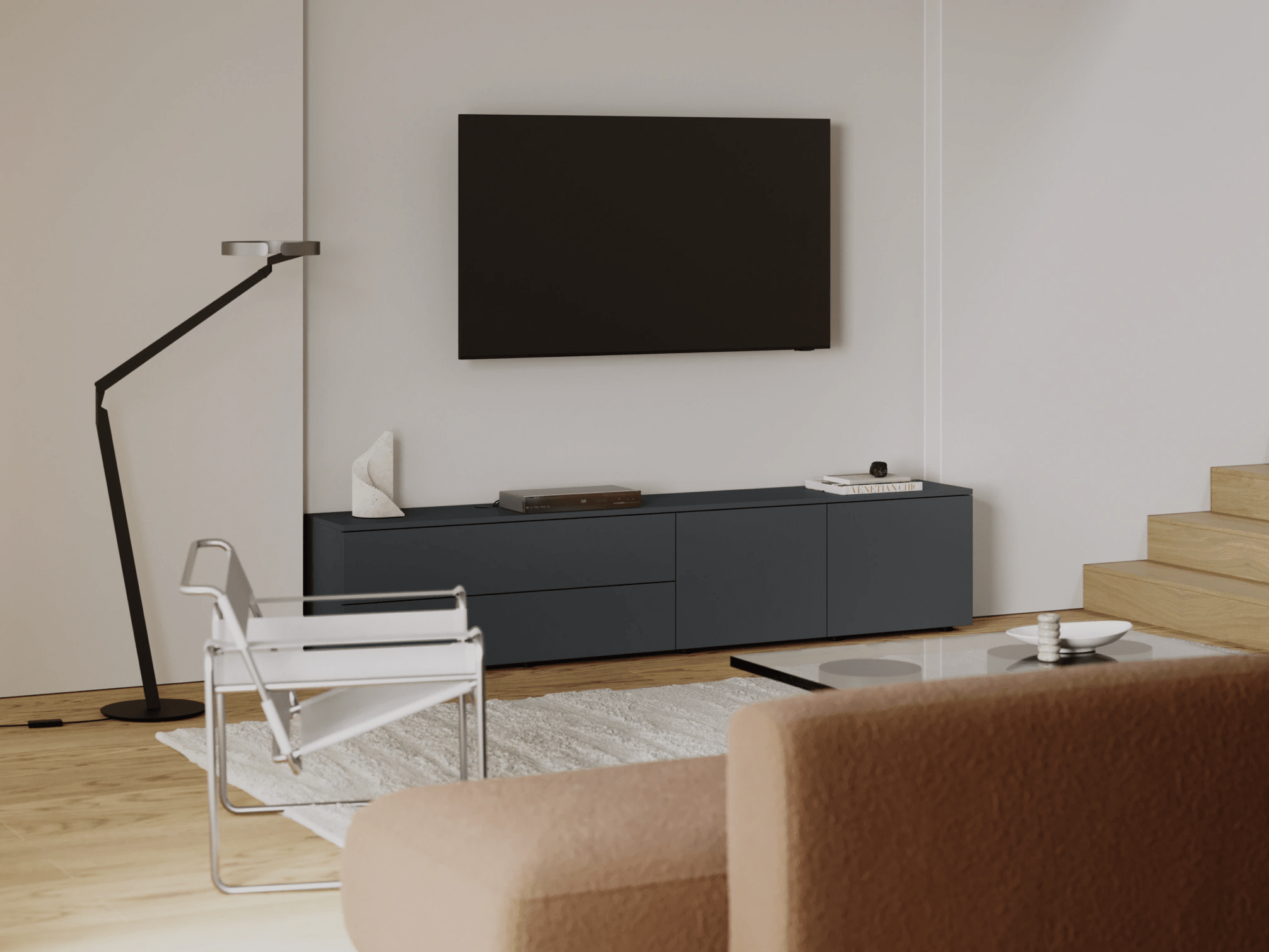 Tv Stand in Graphite with External Drawers 2