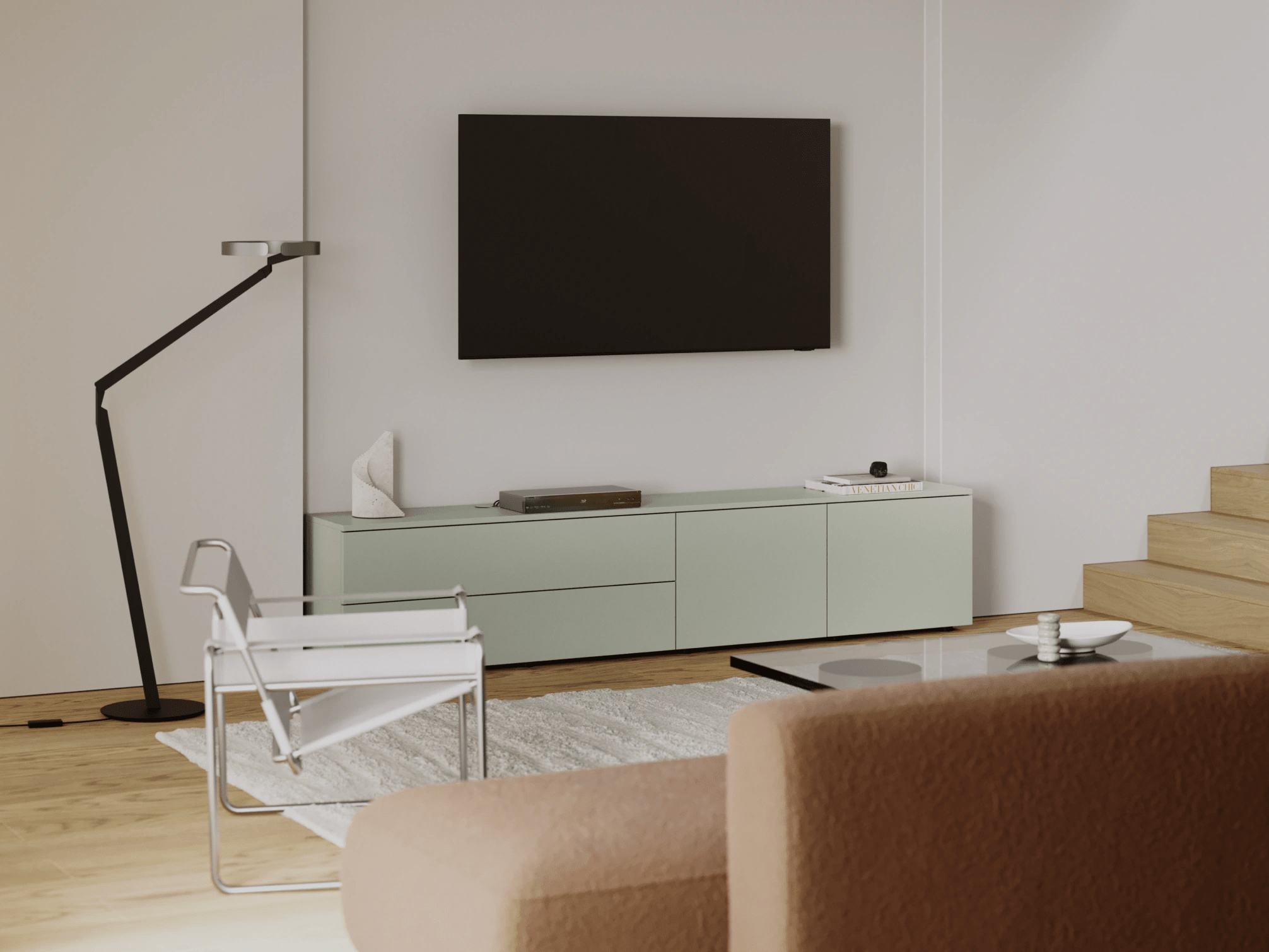 Tv Stand in Green with External Drawers 2