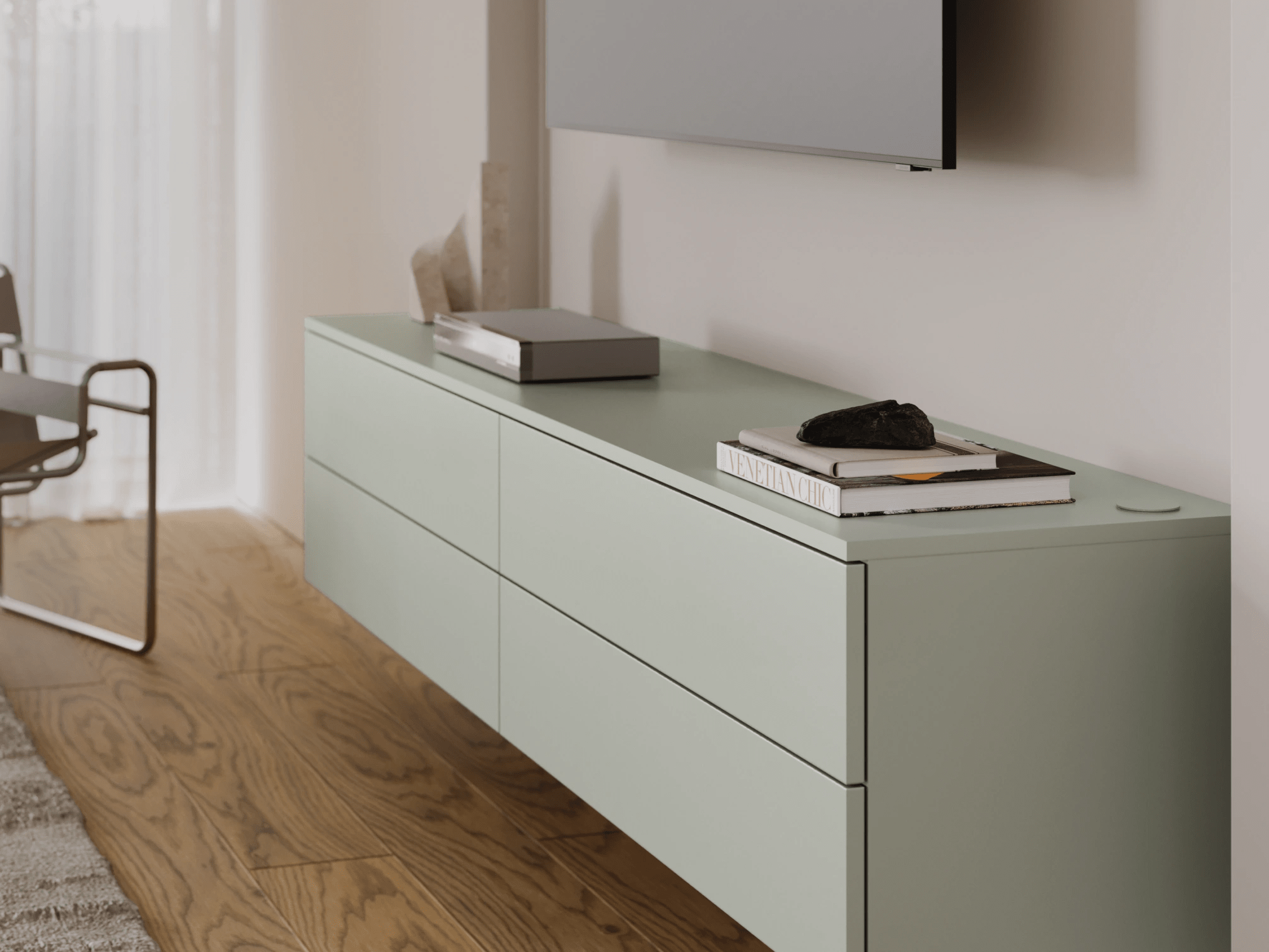 Tv Stand in Green with External Drawers 3