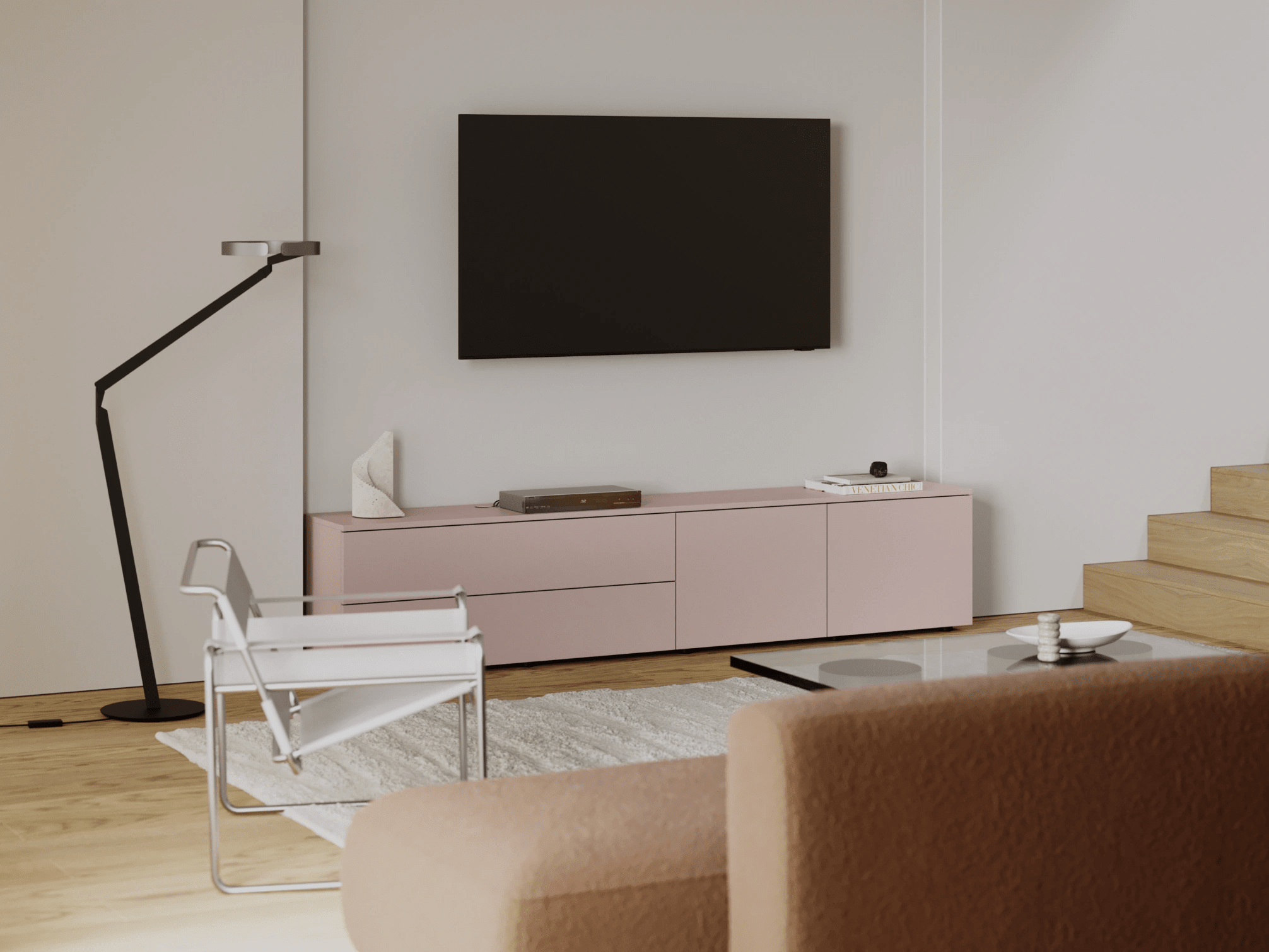 Tv Stand in Pink with External Drawers 2