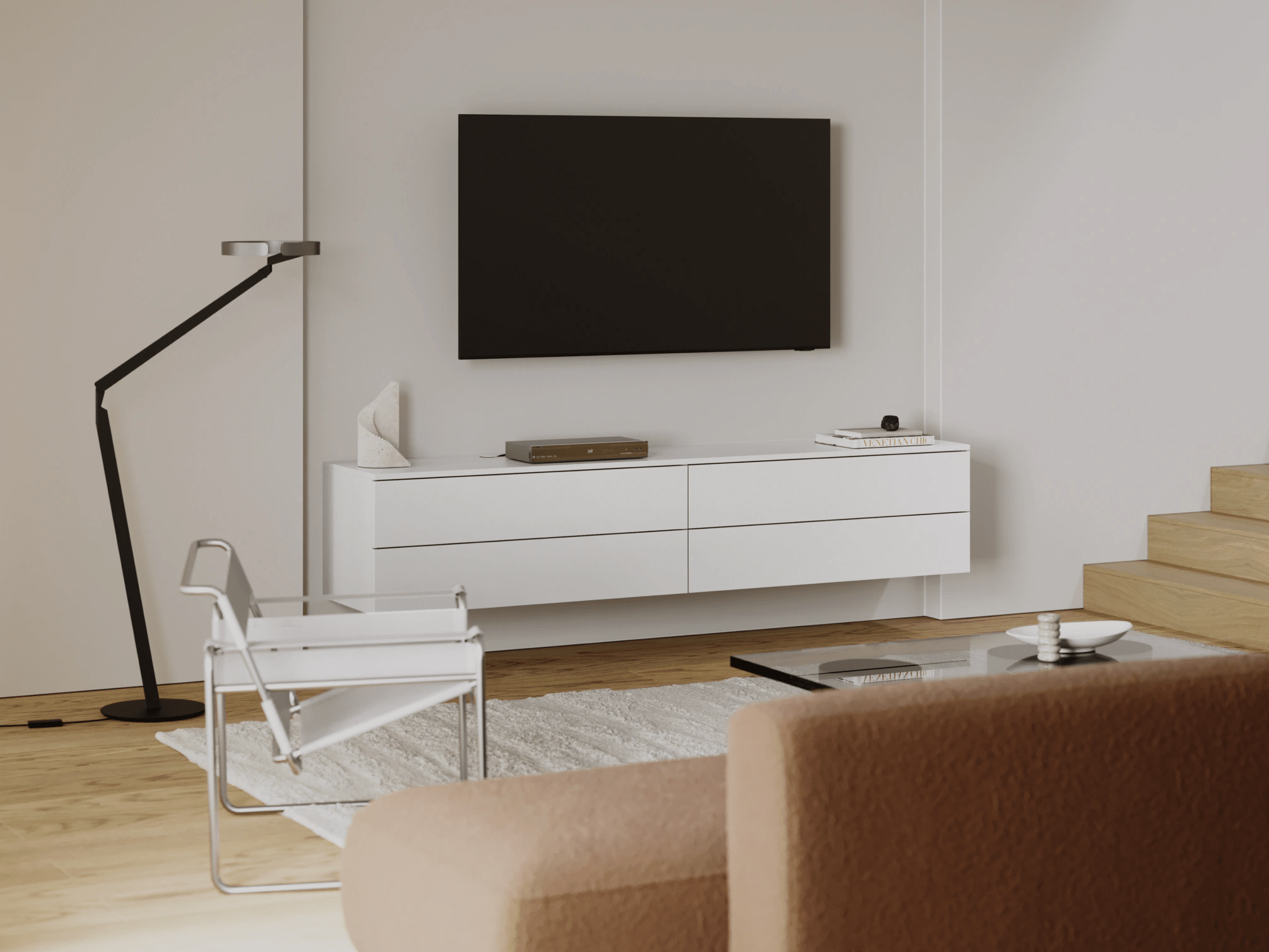 Tv Stand in White with External Drawers 2