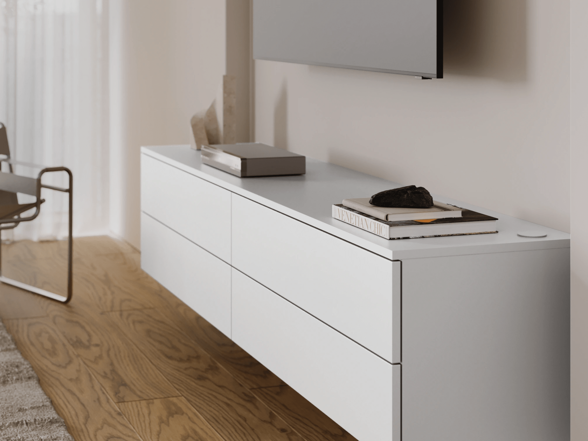 Tv Stand in White with External Drawers 3