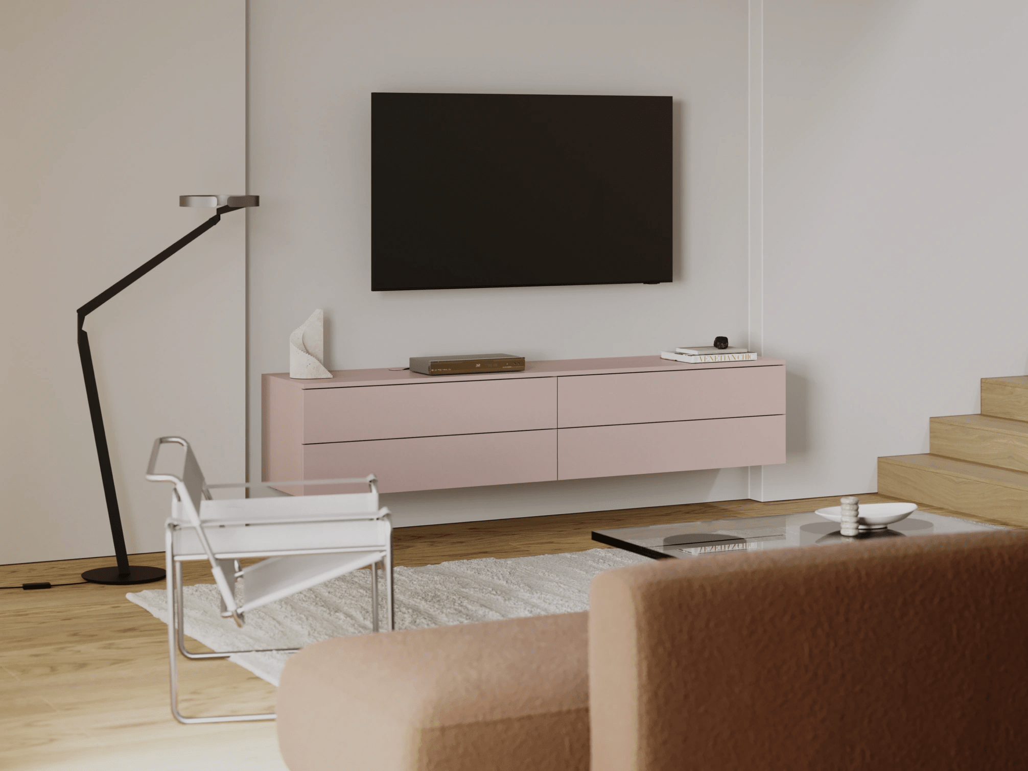 Tv Stand in Pink with External Drawers 2