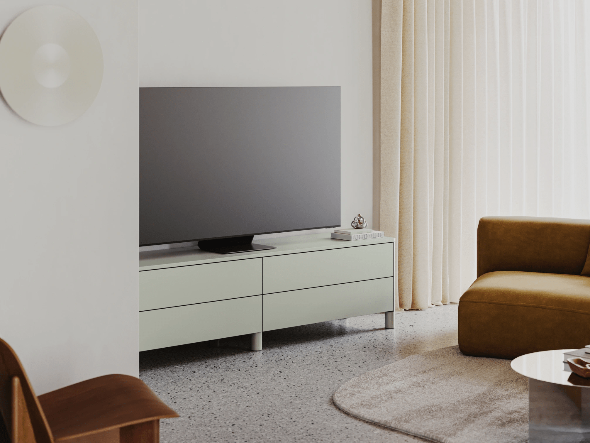 Tv Stand in Green with External Drawers 2