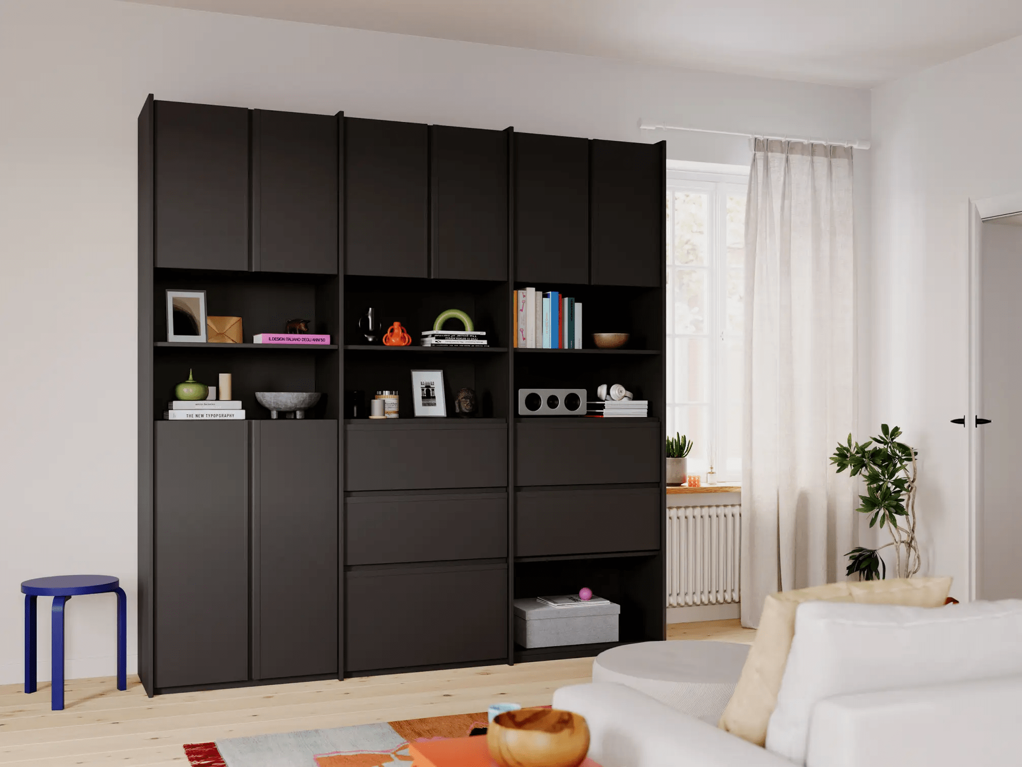 Wall Storage in Black with External Drawers 1