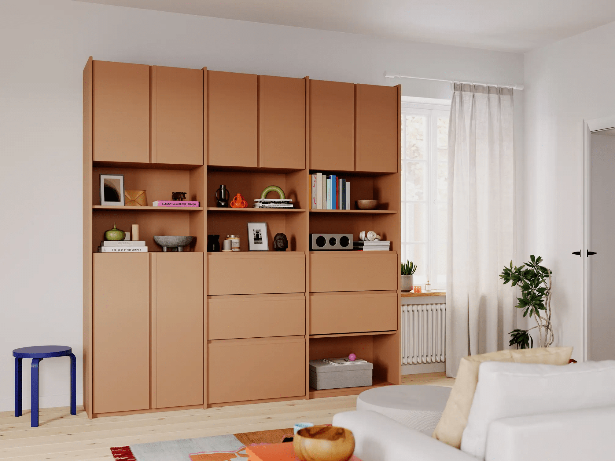 Wall Storage in Brown with Internal Drawers and Rail 1