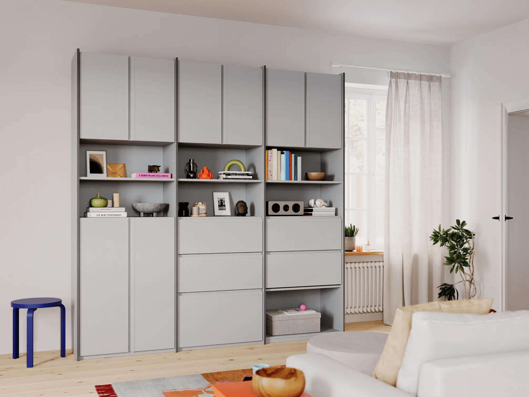 Wall Storage in Grey with Internal and External Drawers 1
