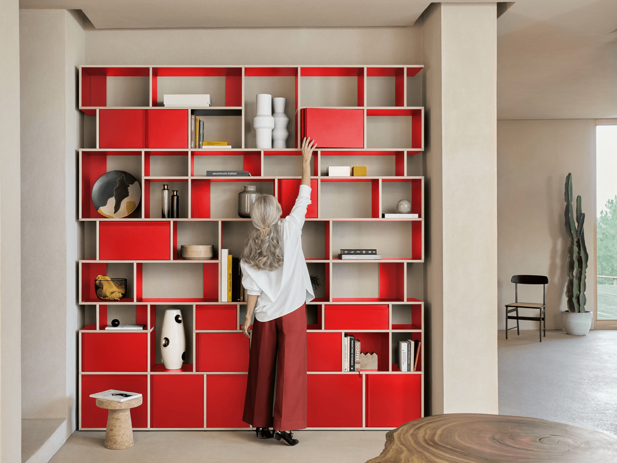 Wall Storage in Red with Doors and Drawers 1