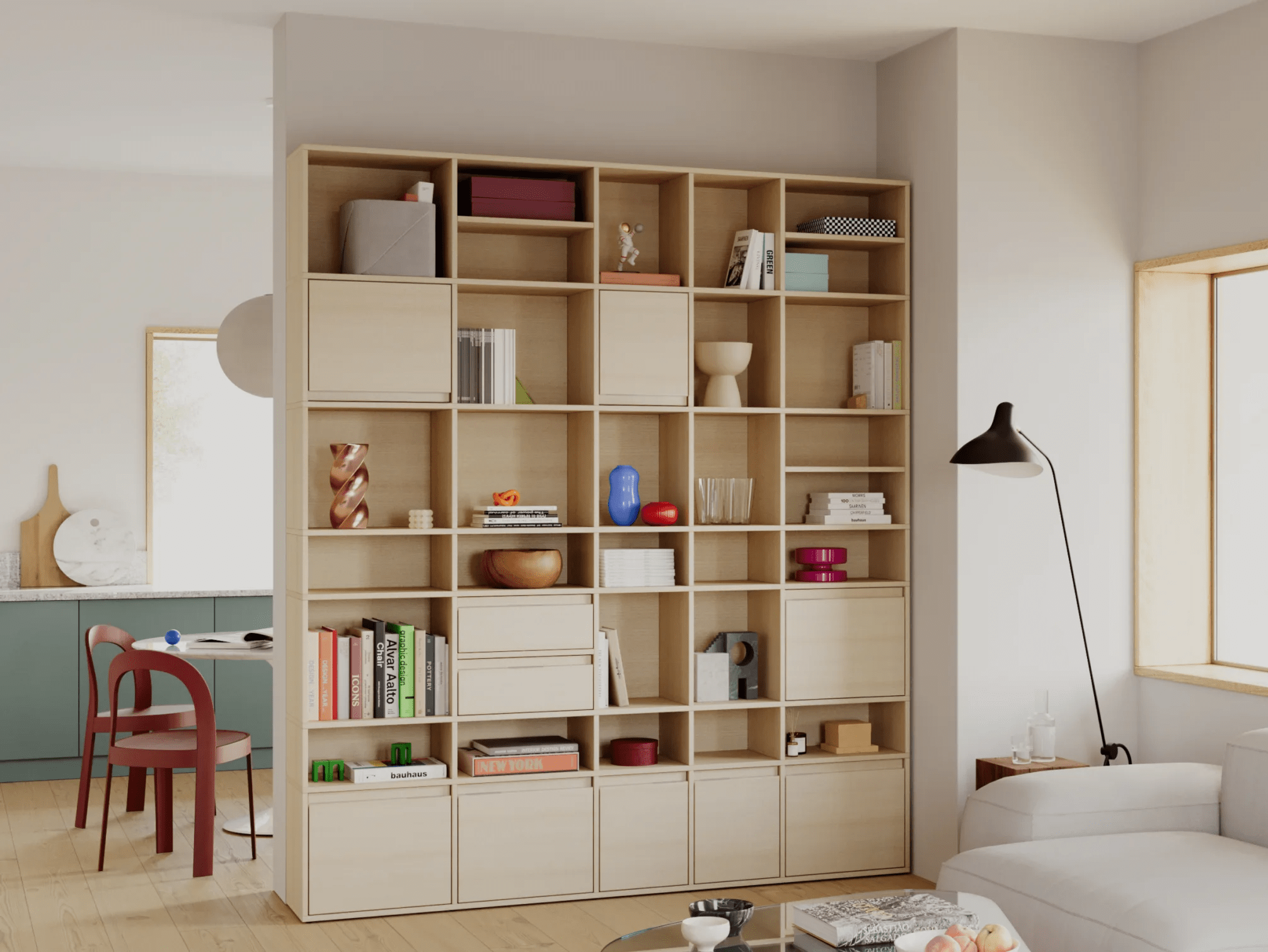 Wall Storage in White Oak with Doors and Drawers 1