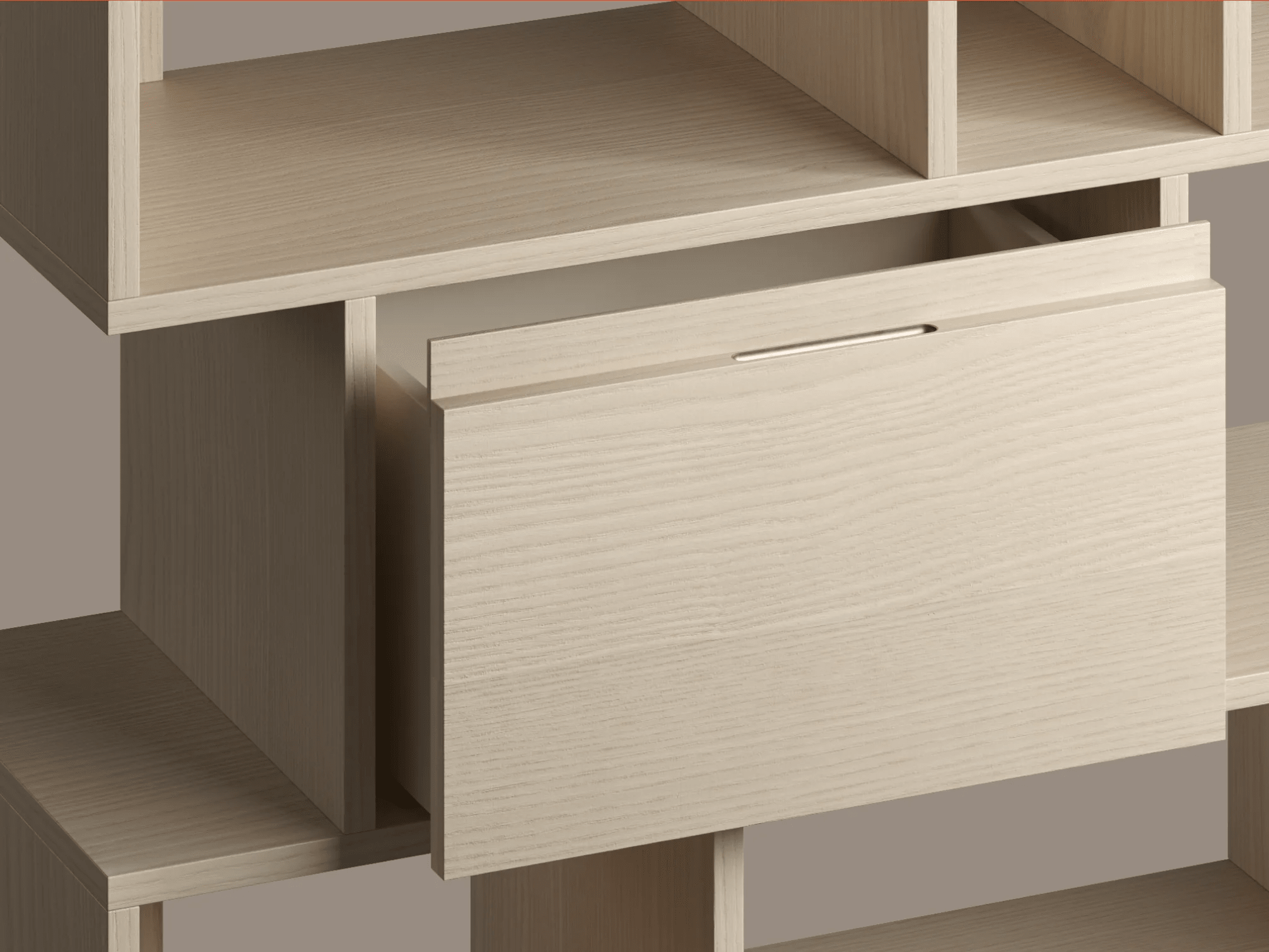 Wall Storage in White Oak with Doors and Drawers 8