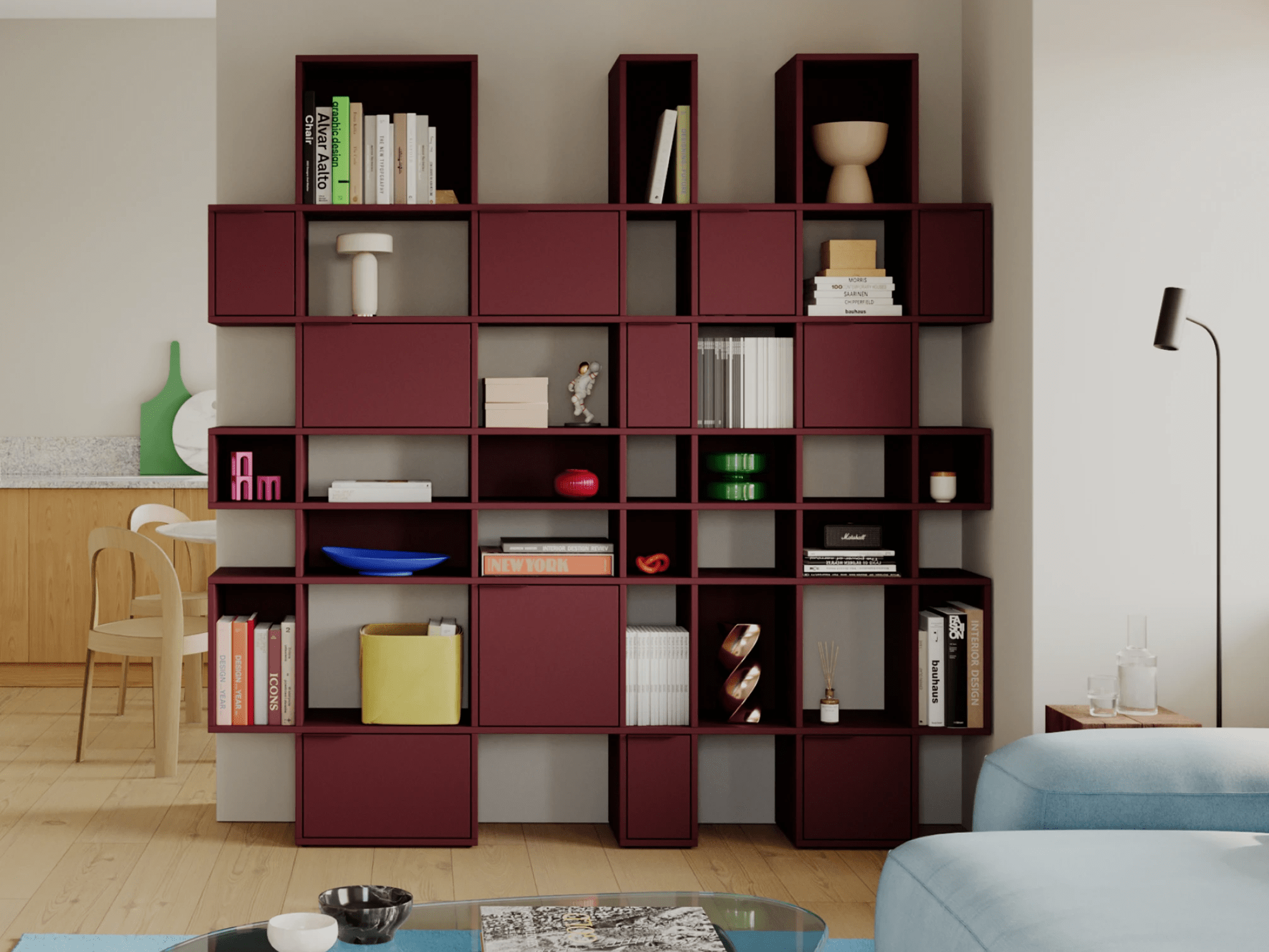 Wall Storage in Burgund with Doors and Drawers 1