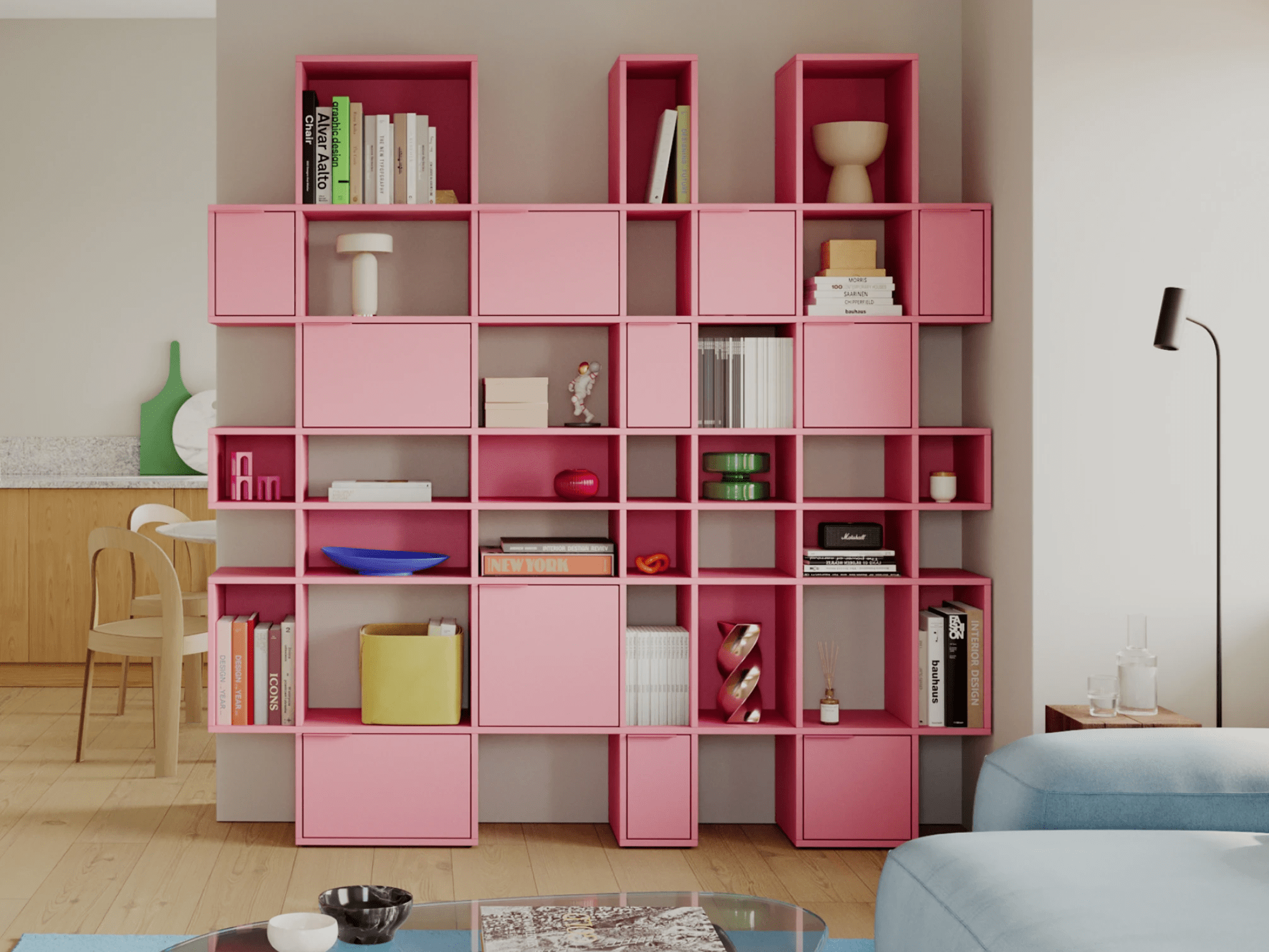 Regalsystem in Reisinger Pink mit Türen und Schubladen 1