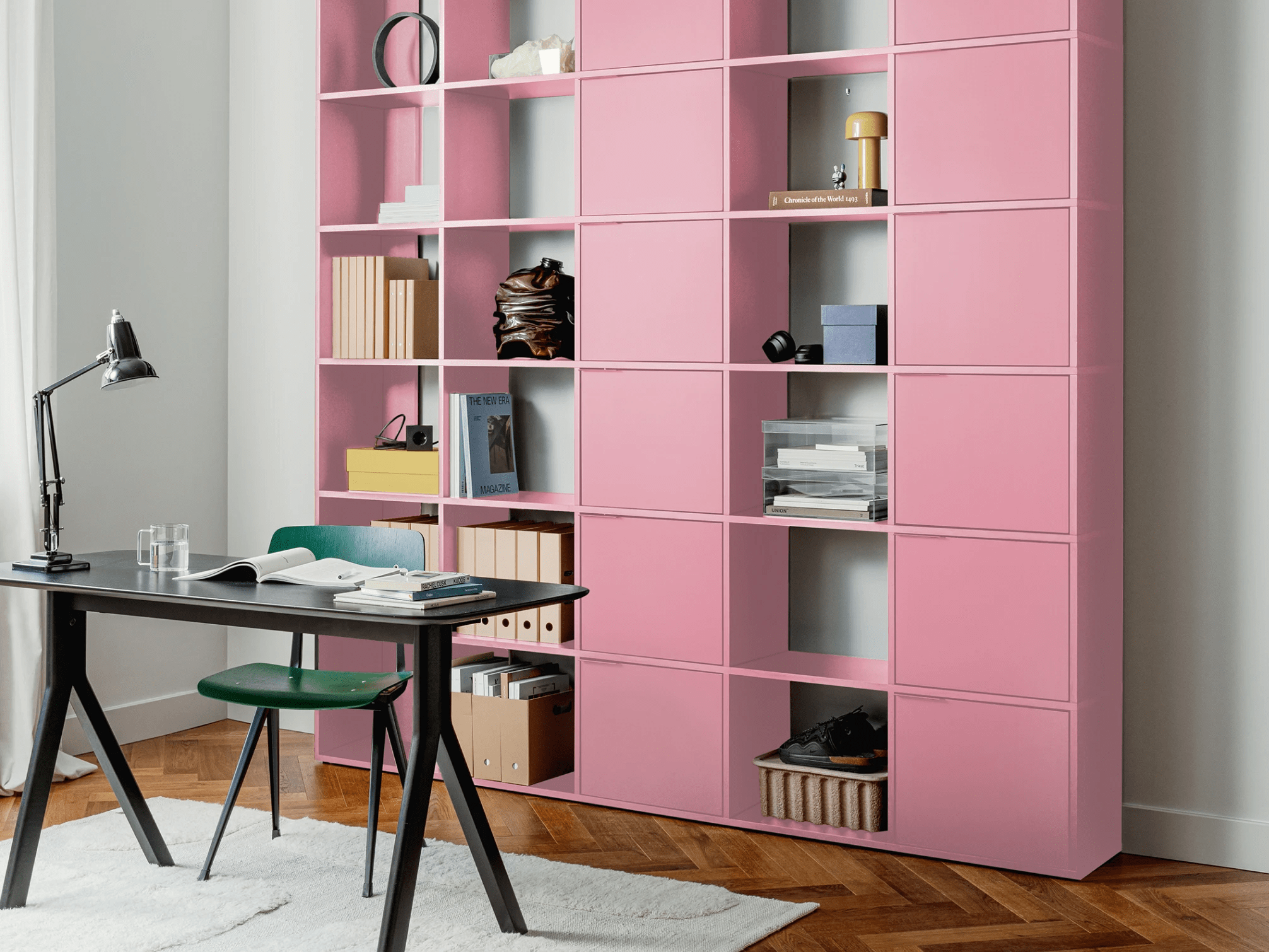Regalsystem in Reisinger Pink mit Türen und Schubladen 2