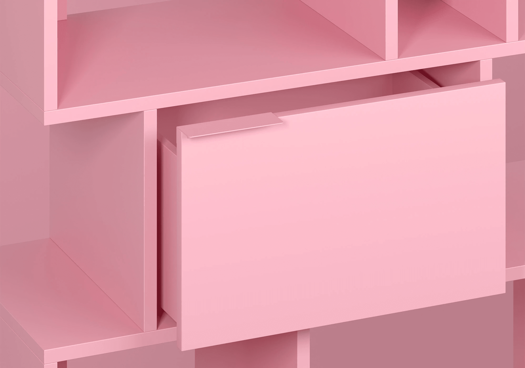 Regalsystem in Reisinger Pink mit Türen und Schubladen 7