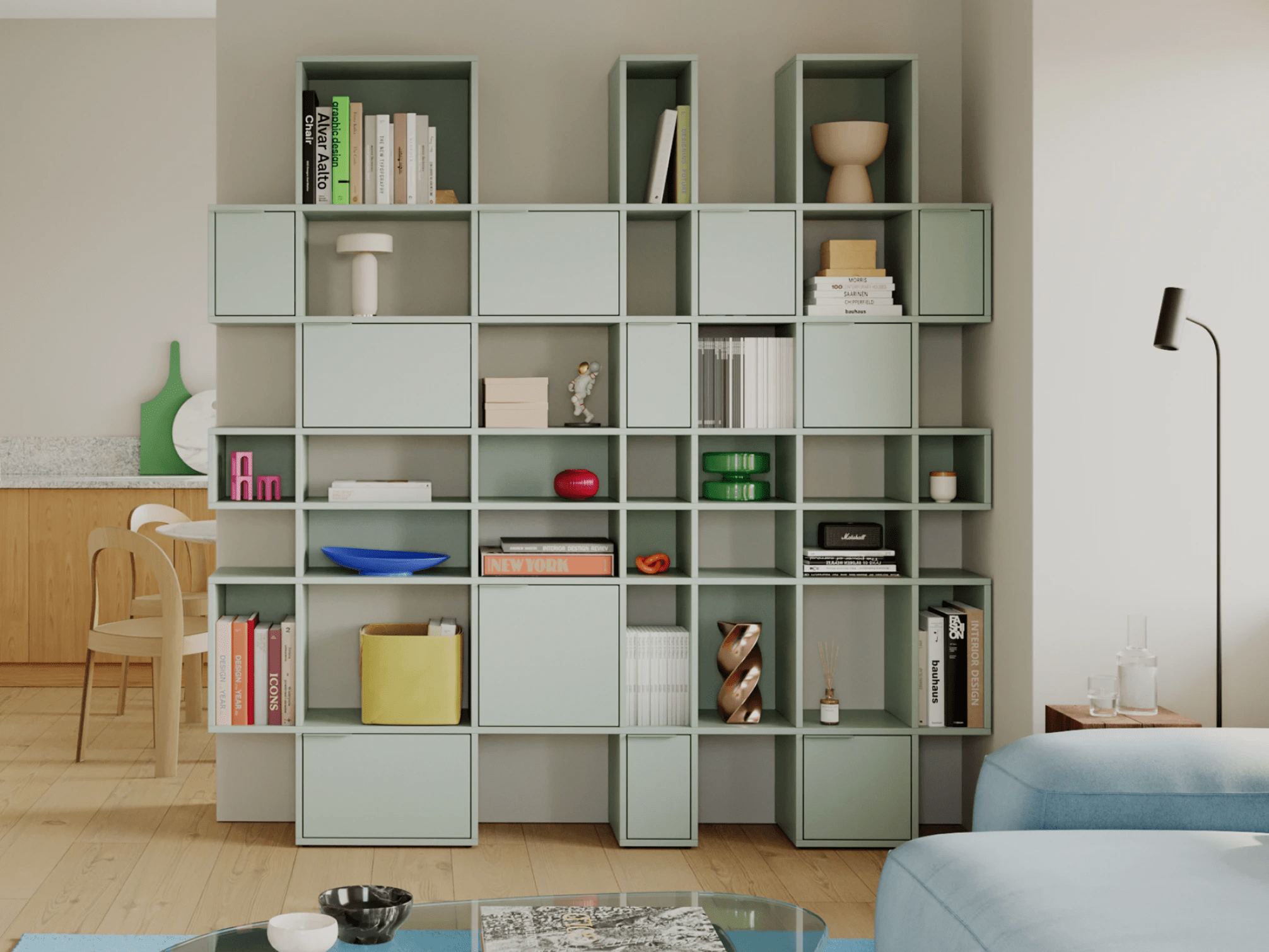 Wall Storage in Green with Doors and Drawers 1