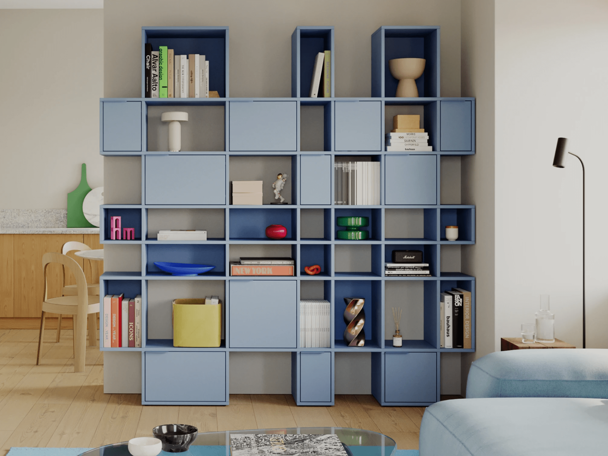 Wall Storage in Blue with Doors and Bottom Storage 1