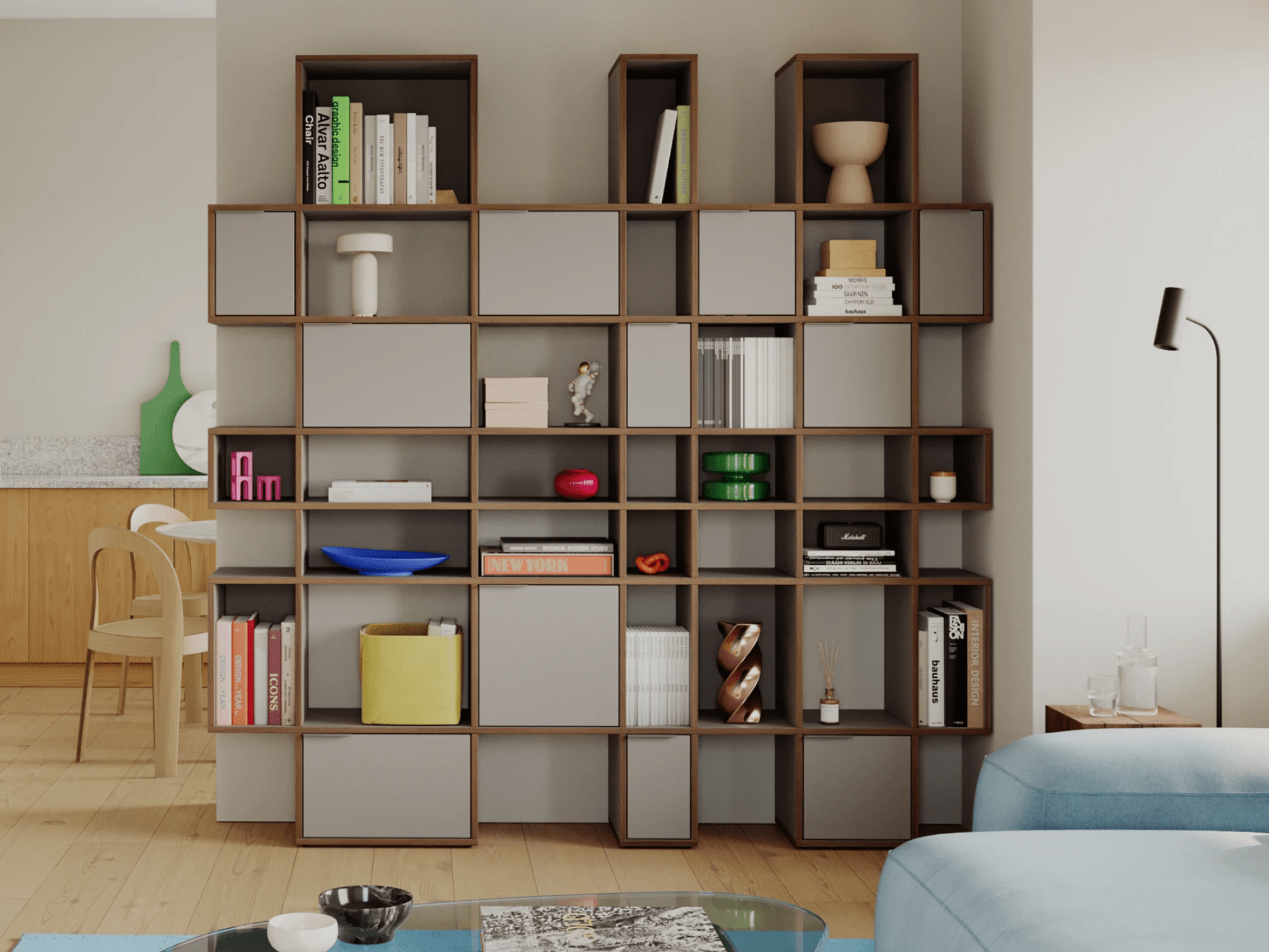 Wall Storage in Stone Grey and Walnut with Doors 1