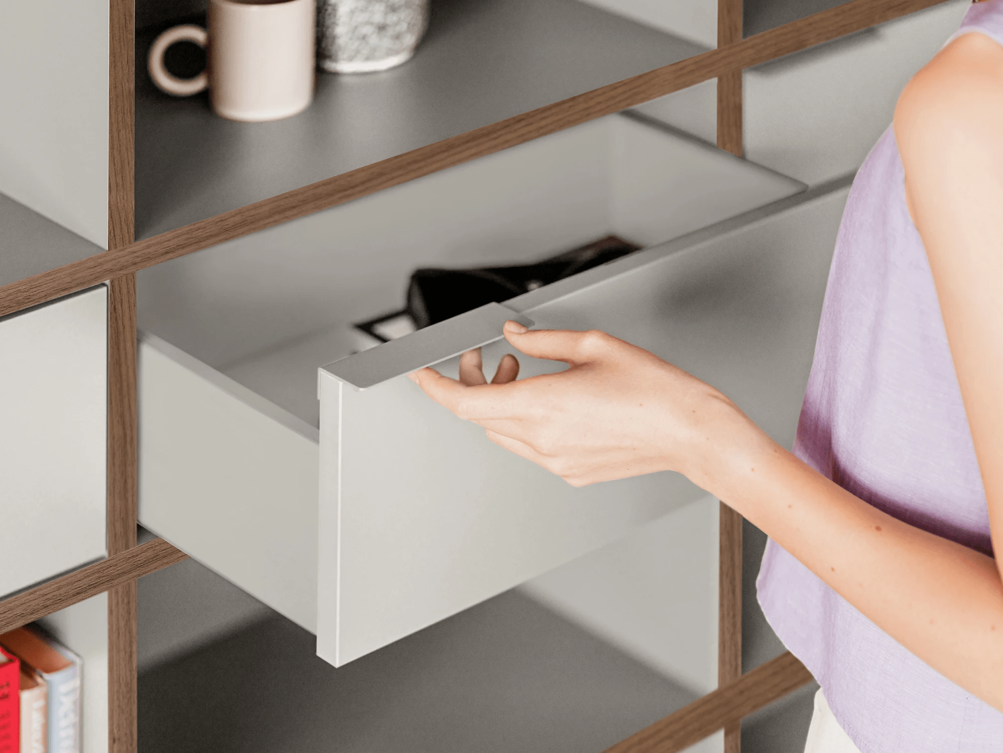 Wall Storage in Stone Grey and Walnut with Doors and Drawers 3