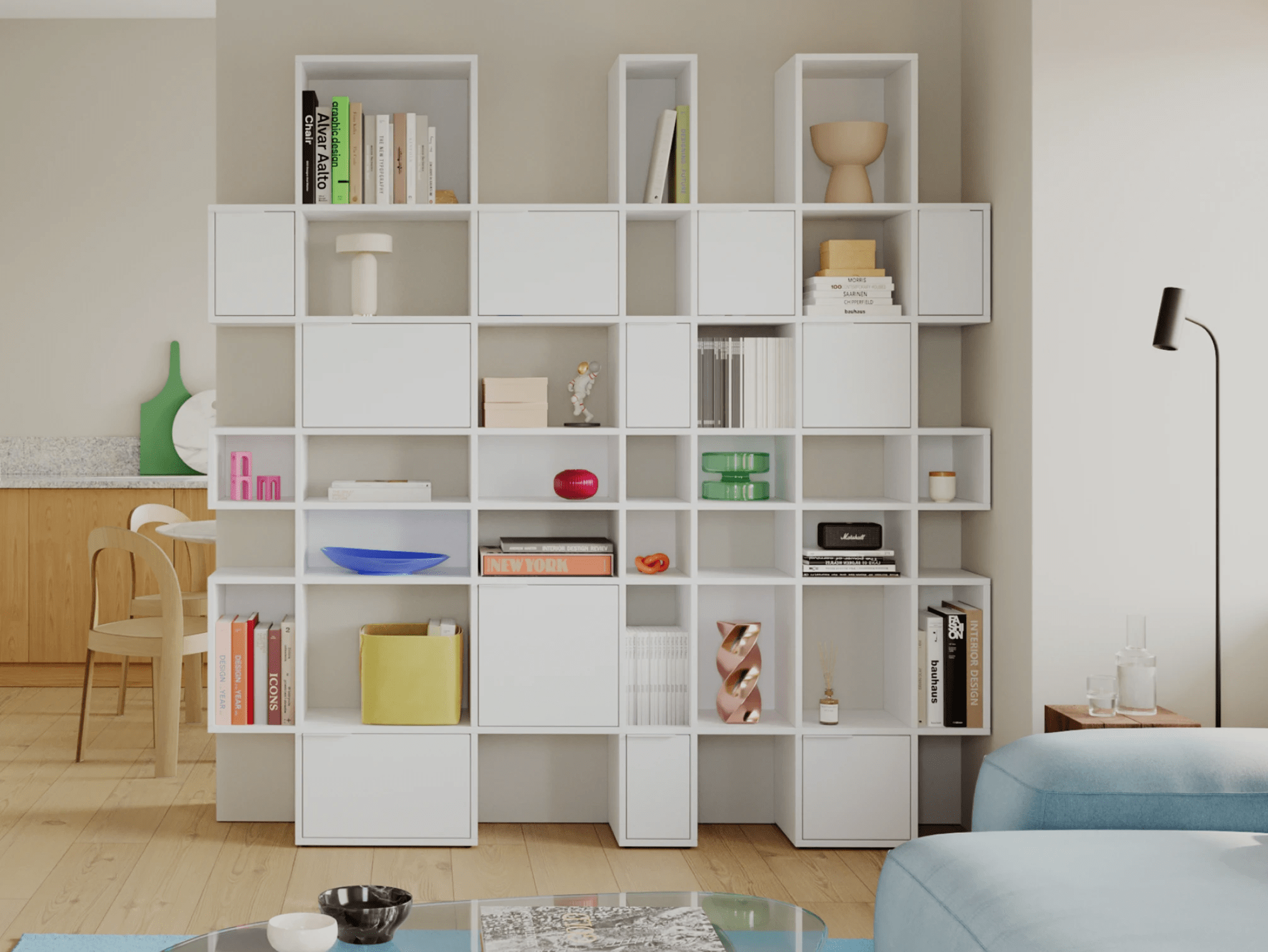 Wall Storage in White with Doors and Drawers 1