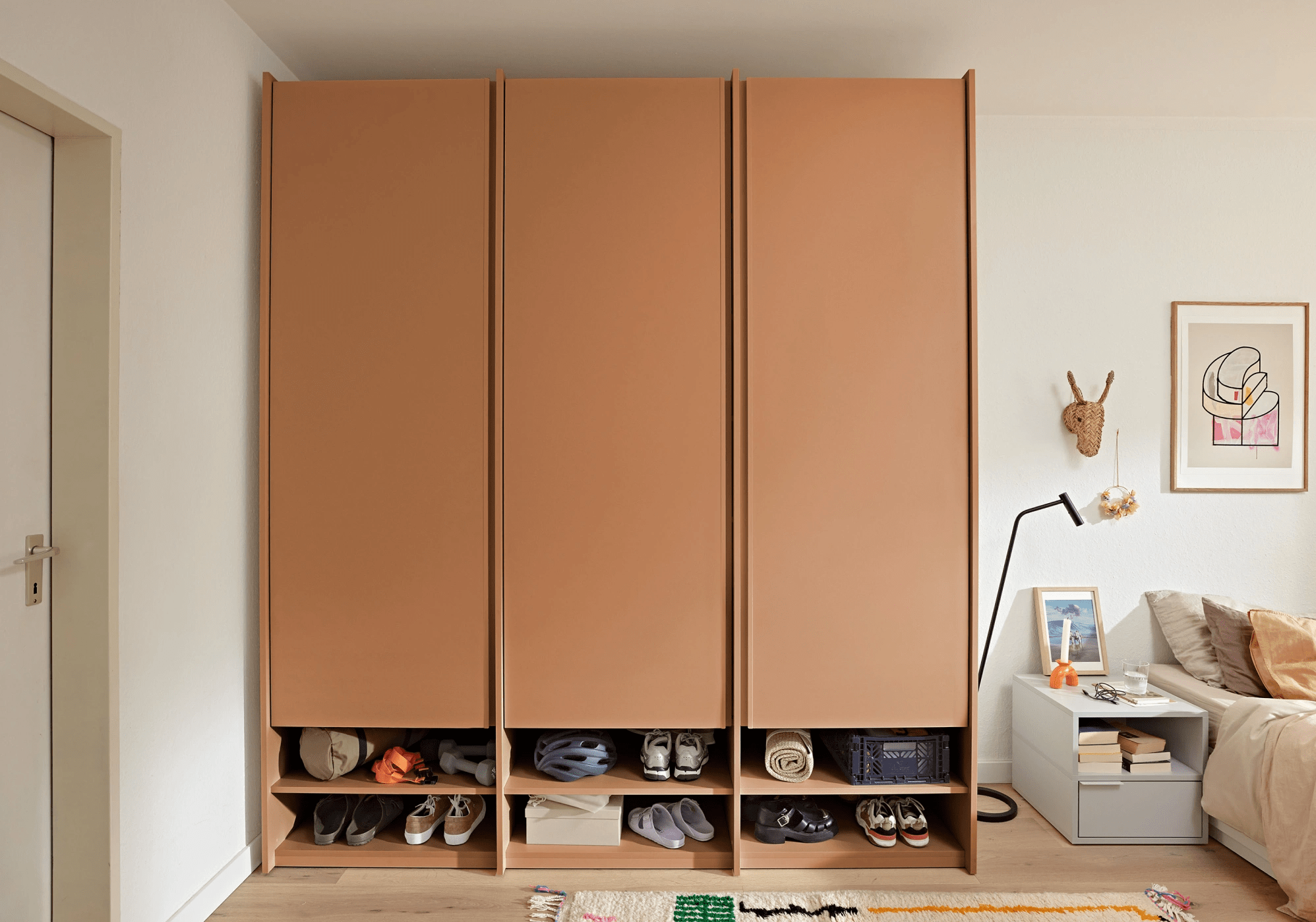 Wardrobe in Brown with External Drawers and Rail 1