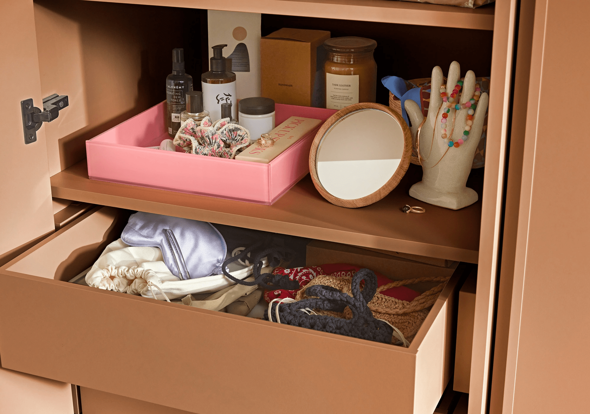 Wardrobe in Brown with External Drawers and Rail 3