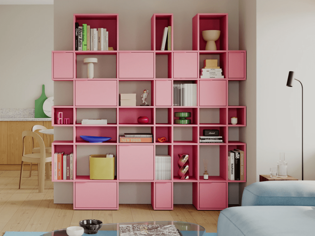 Hoches Schlankes Reisinger Pink Regalsystem mit Türen, Schubladen und Ruckwanden - 162x273x40cm 1