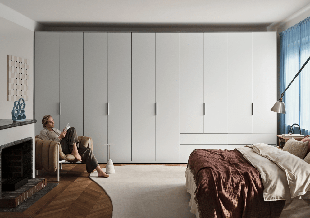 Tall Wide White and Blue 8 door Wardrobe with Internal Drawers and Rail - 350x266x50cm 1