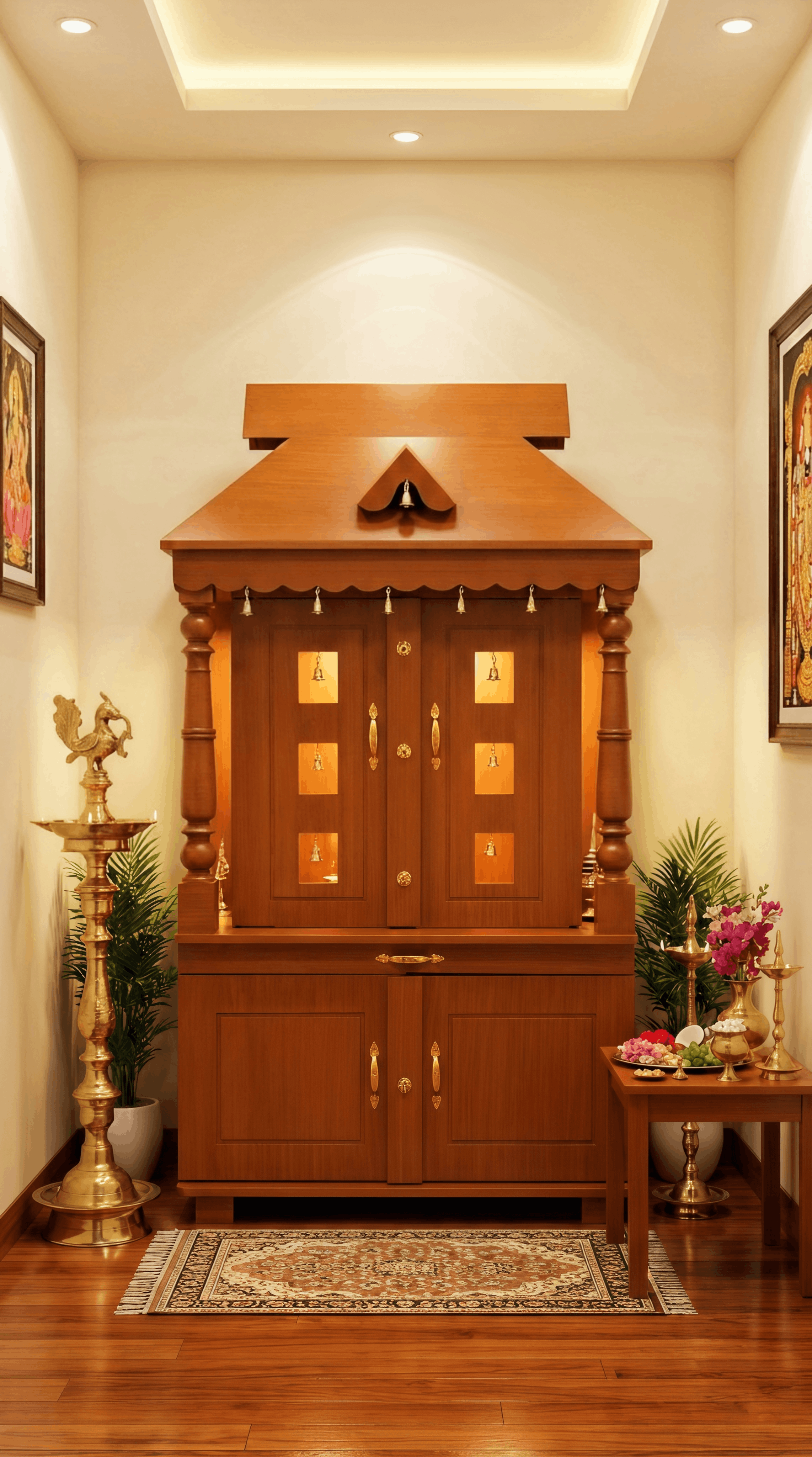 Traditional Kerala-Style Teak Wood Pooja Mandir with Double Doors, Brass Bells & Storage