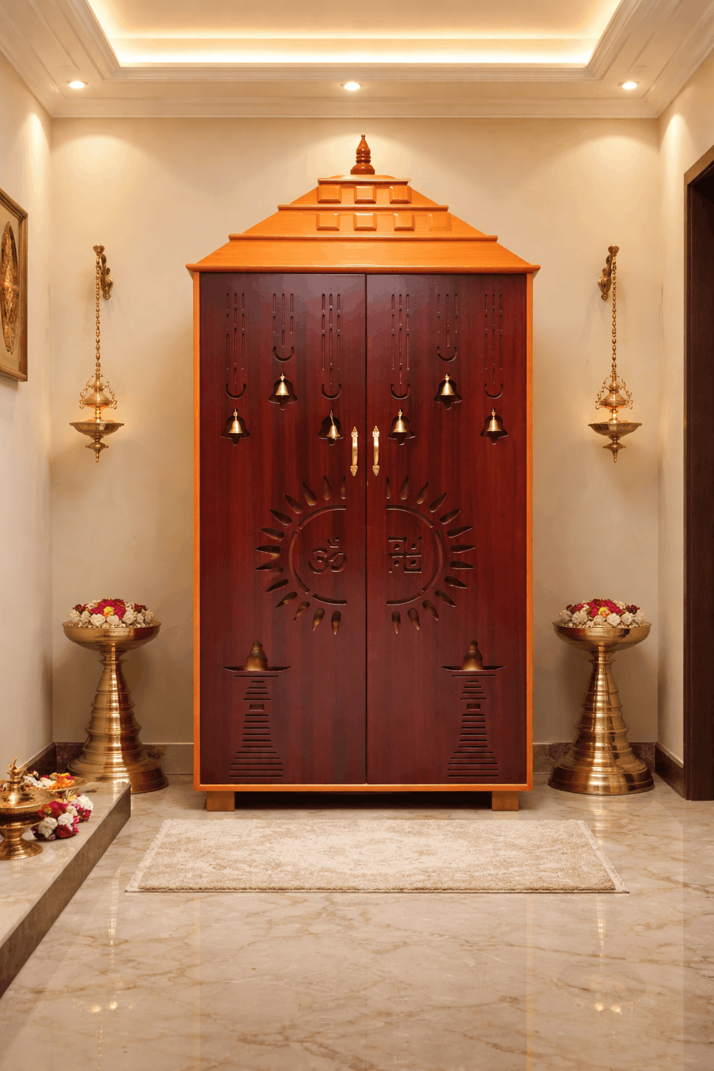 Premium Mahogany Finish Closed-Door Pooja Mandir with Carved Om & Swastik Design and Brass Bells