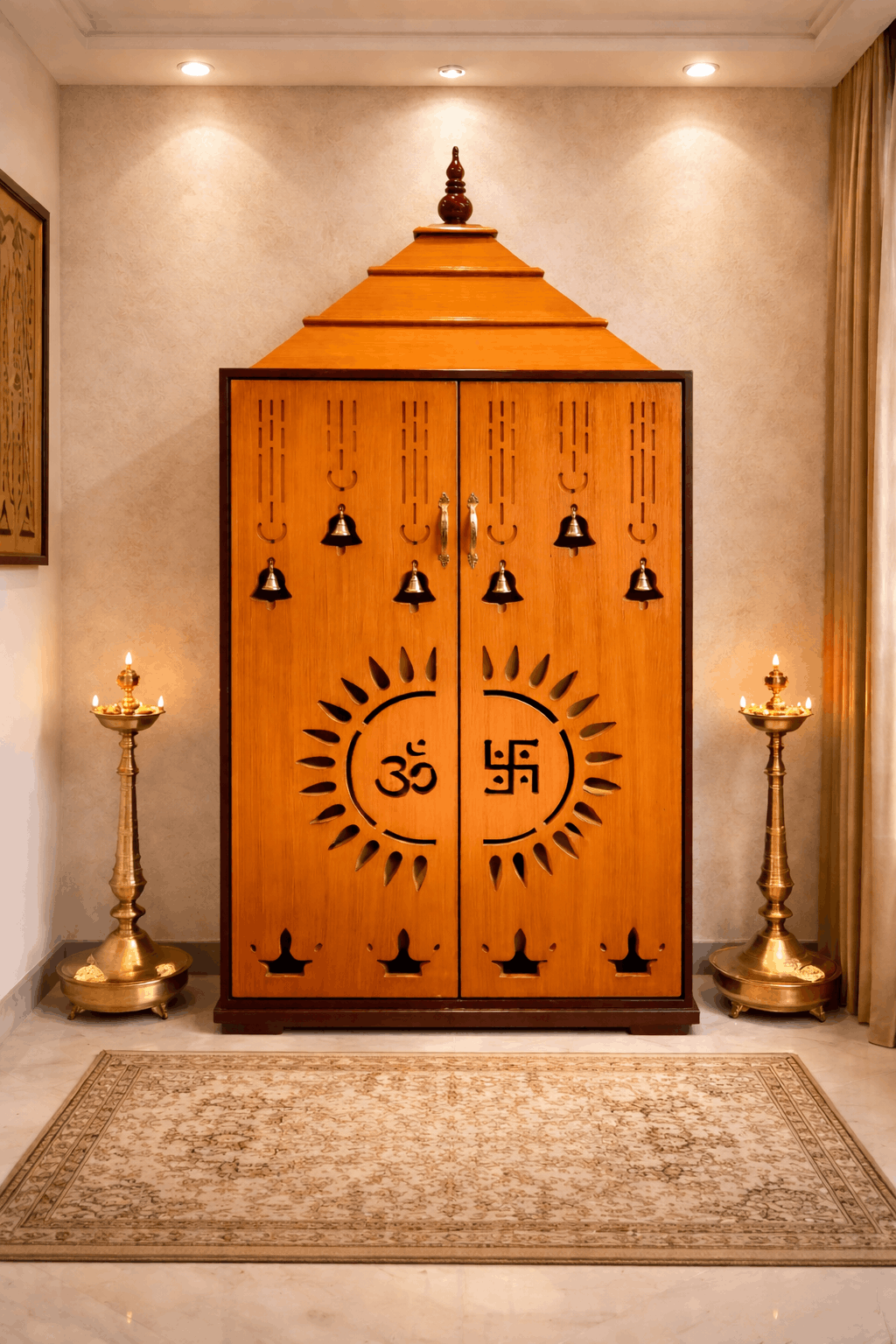 Honey Teak Finish Closed-Door Pooja Mandir with Cut-Out Om & Swastik Design and Brass Bells