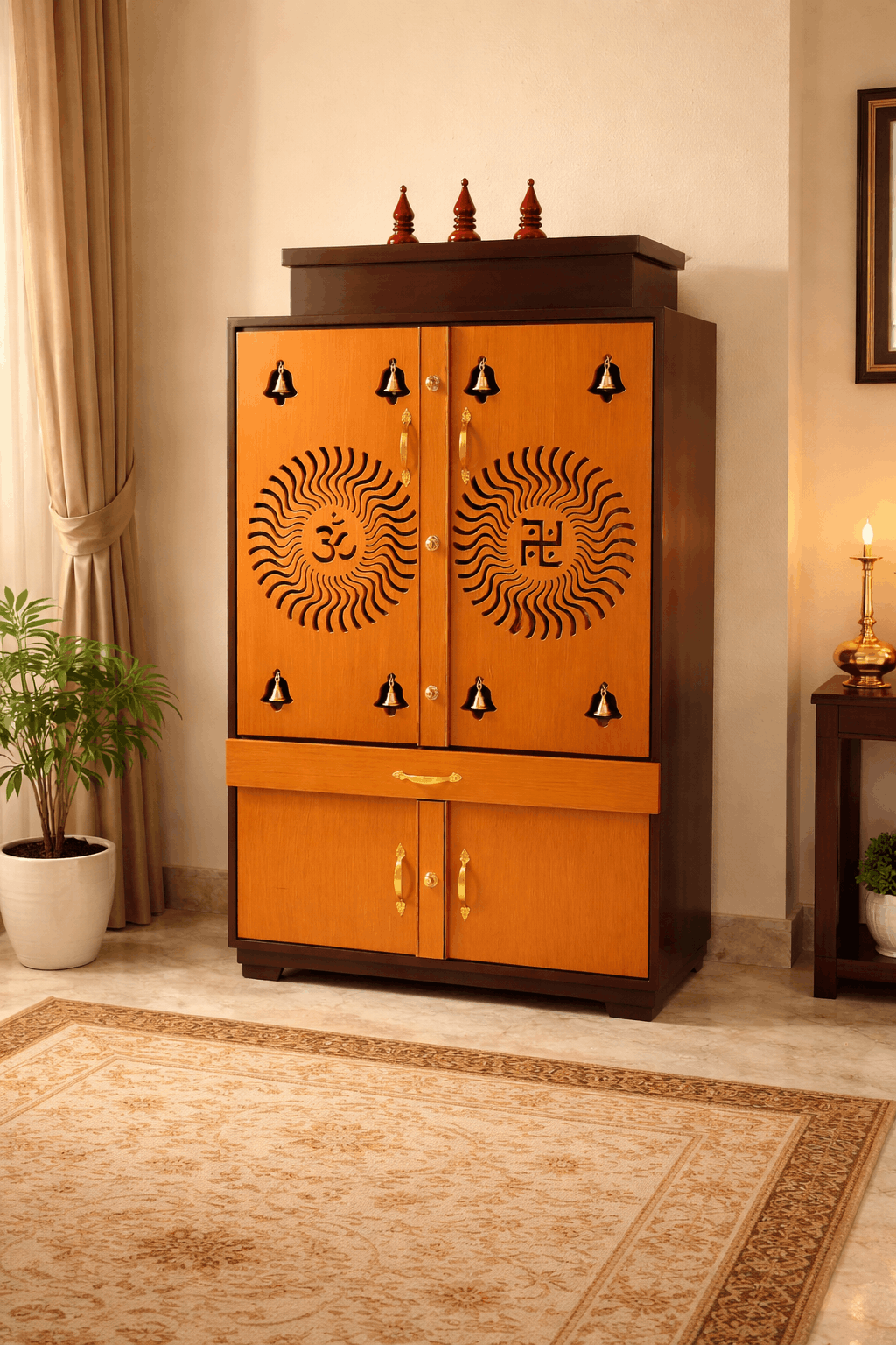 Honey Teak & Walnut Closed-Door Pooja Mandir with Sun Cut-Out Om & Swastik Design and Lower Storage
