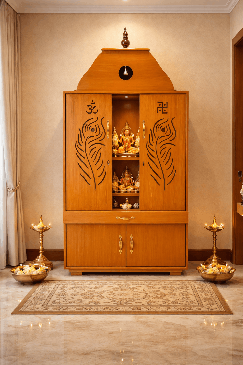 Honey Teak Pooja Mandir with Peacock Feather Cut-Out Doors, 2-Tier Sanctum & Lower Storage