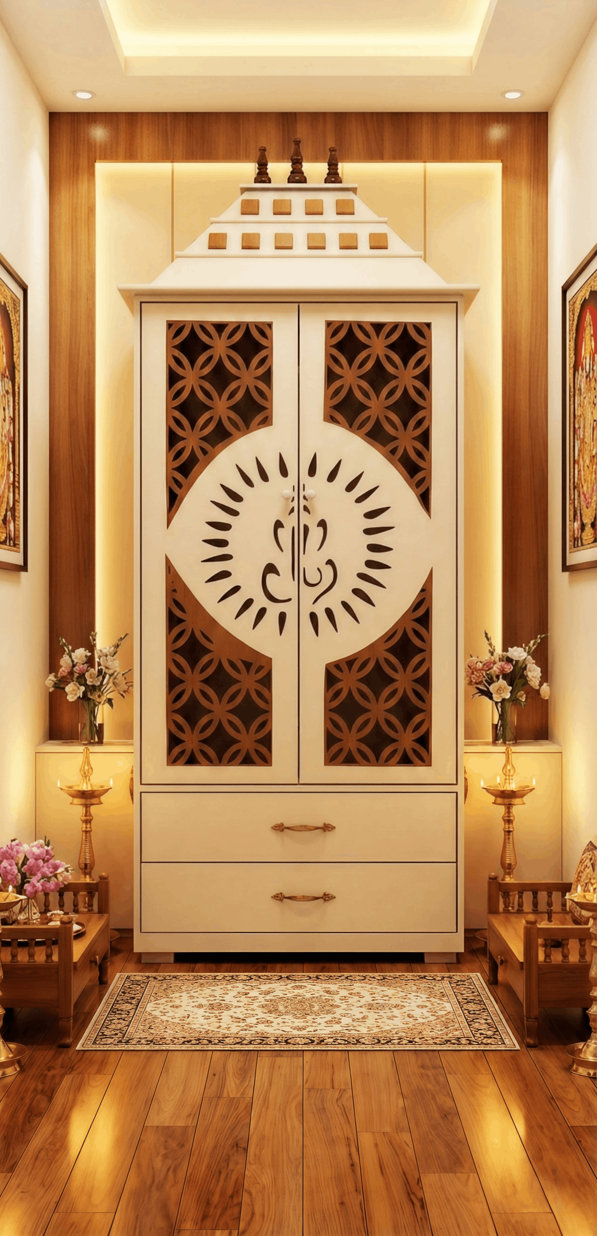 Modern Ivory White Pooja Mandir with Jali Panel Doors, Ganesha Sun Cut-Out & 2 Storage Drawers