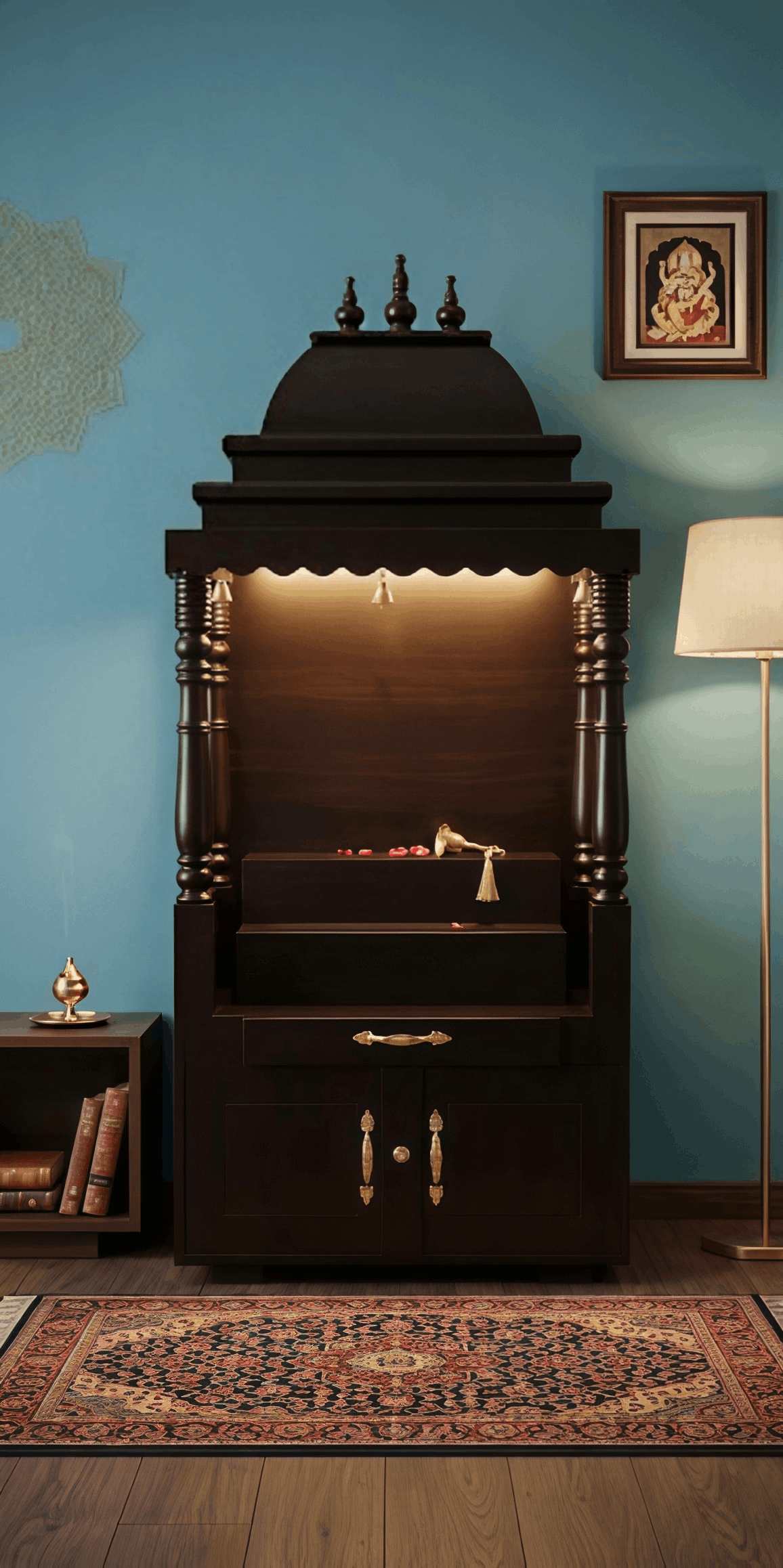 Dark Espresso Wood Pooja Mandir with Domed Roof, Turned Pillars, Drawer & Storage Cabinet