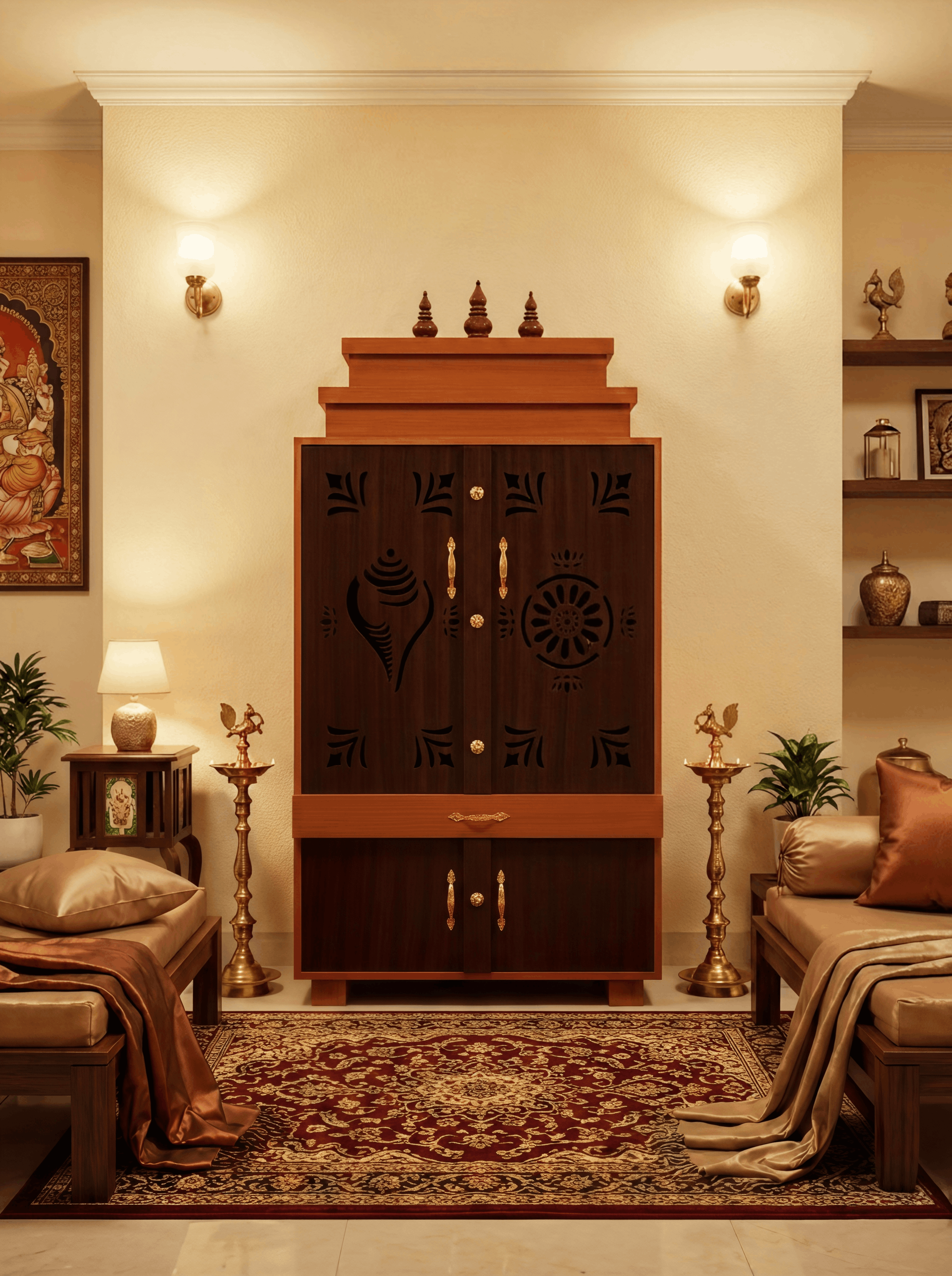 Dark Walnut & Teak Closed-Door Pooja Mandir with Shankh & Chakra Cut-Out Design and Lower Storage