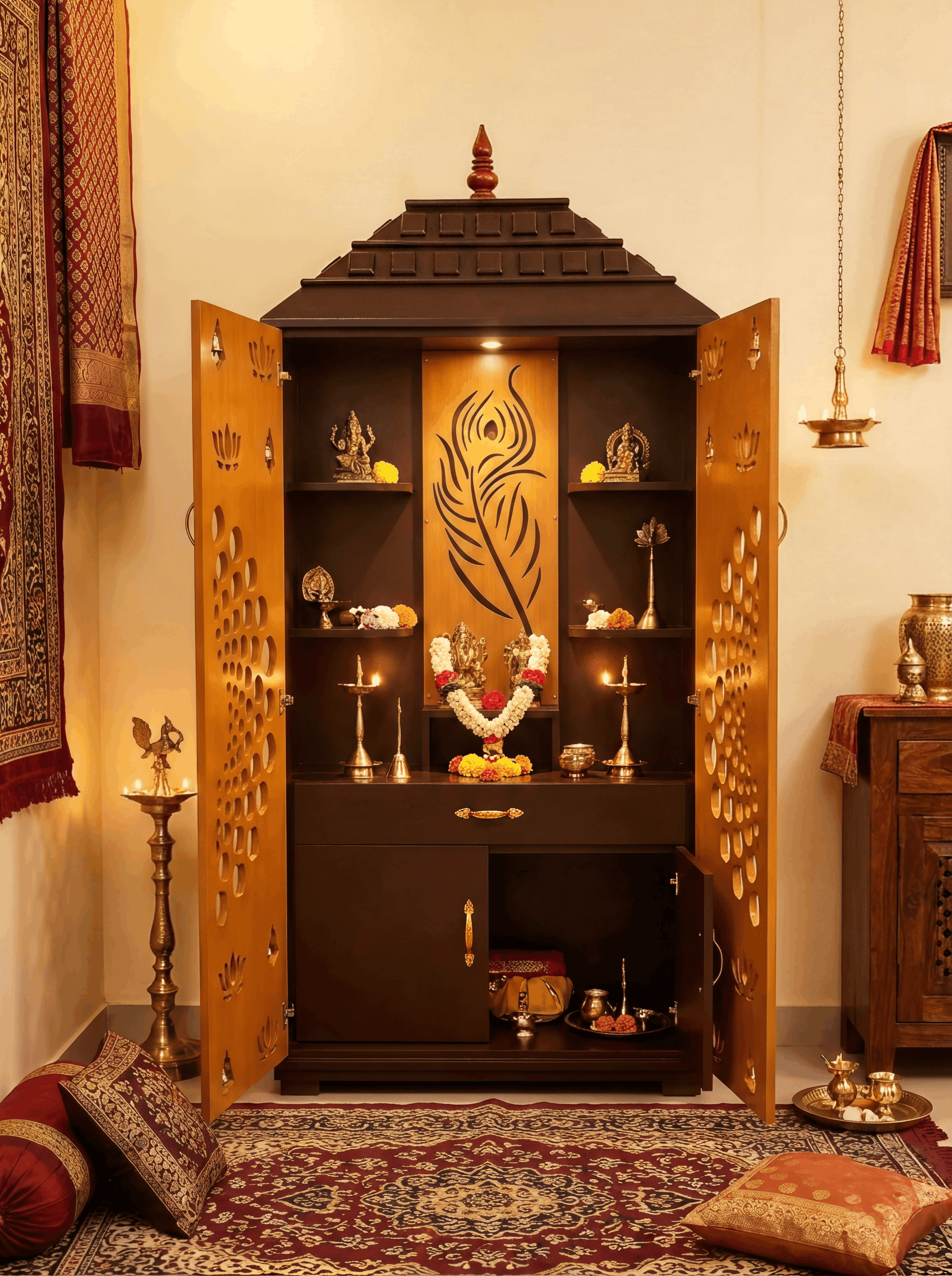 Dark Espresso & Honey Teak Pooja Mandir with Peacock Feather Panel, Lotus Cut-Out Doors, Shelves & Storage