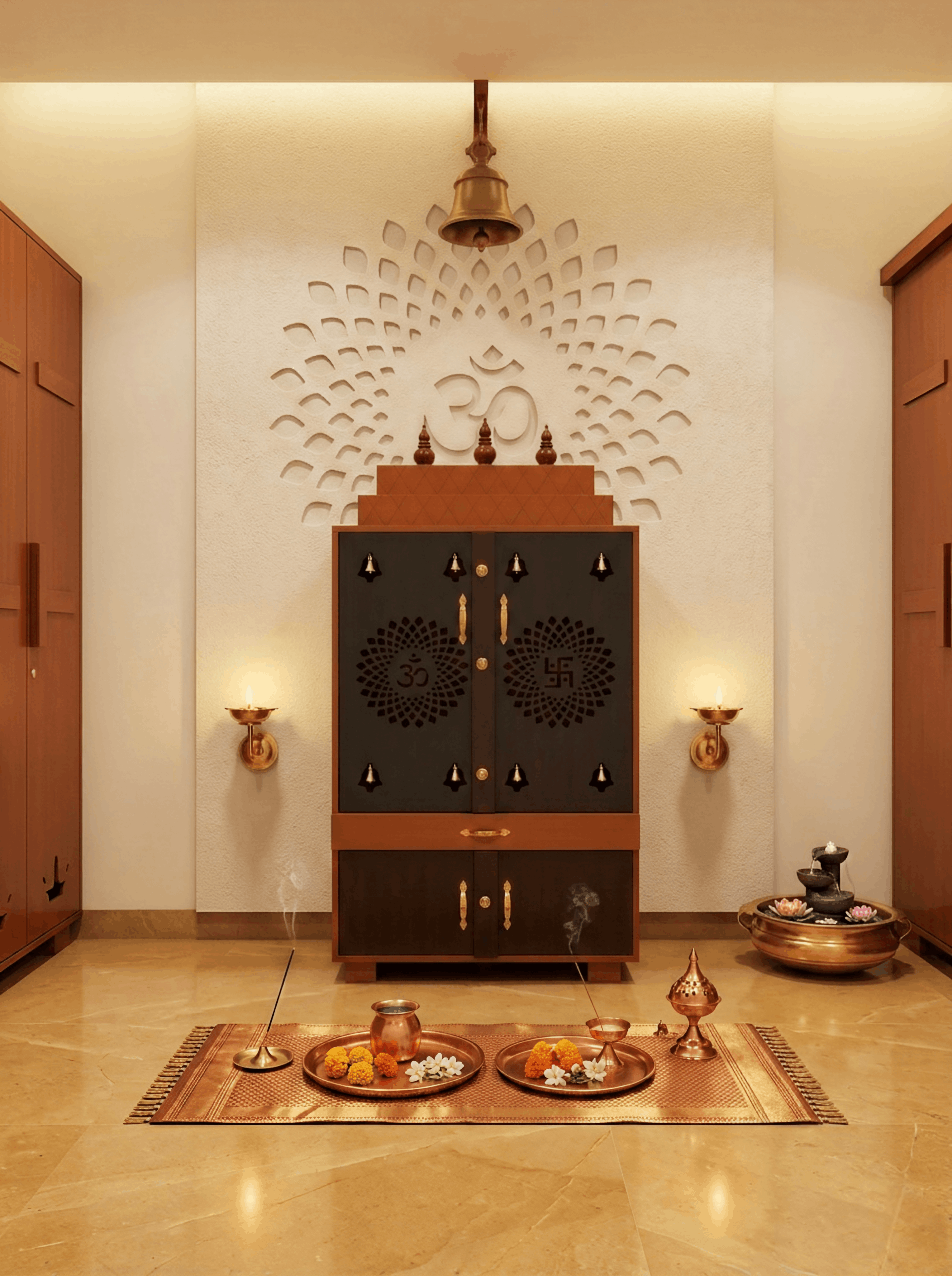 Dark Espresso & Honey Teak Closed-Door Pooja Mandir with Mandala Om & Swastik Cut-Out and Lower Storage