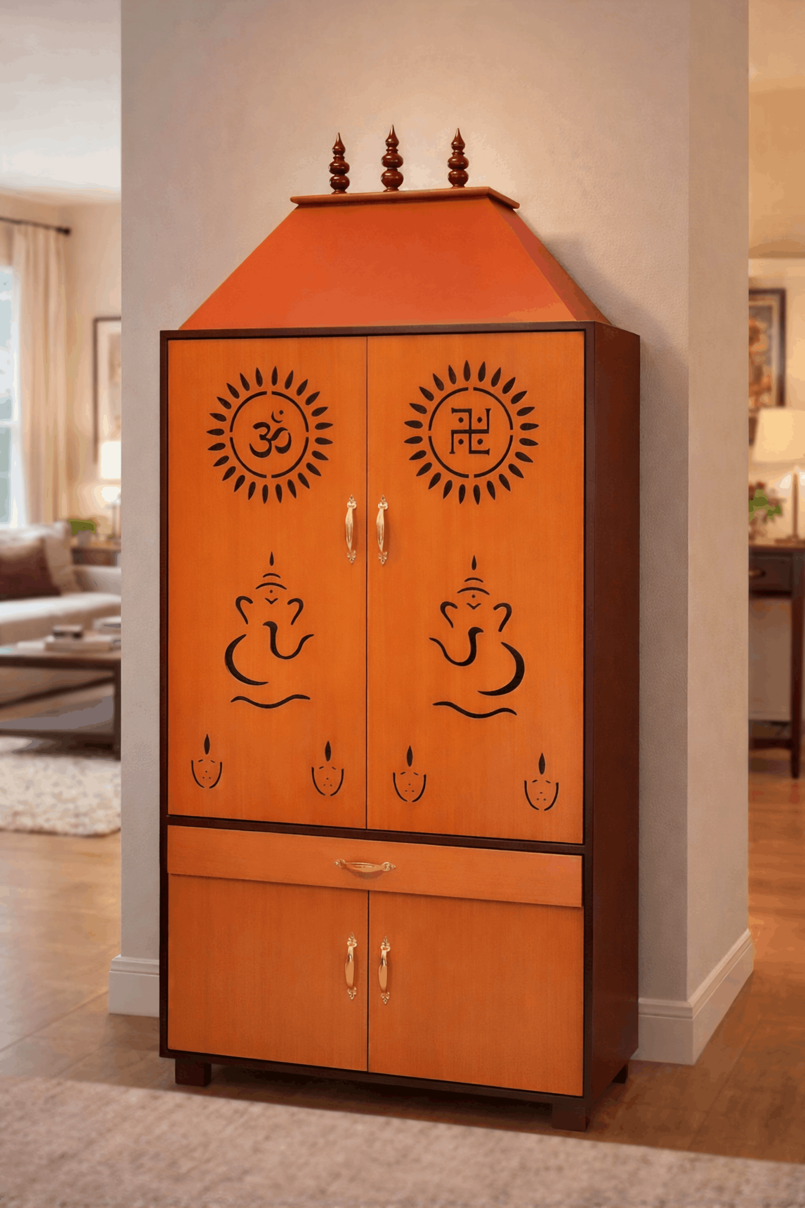 Honey Teak Closed-Door Pooja Mandir with Ganesha, Om & Swastik Cut-Out Design and Lower Storage