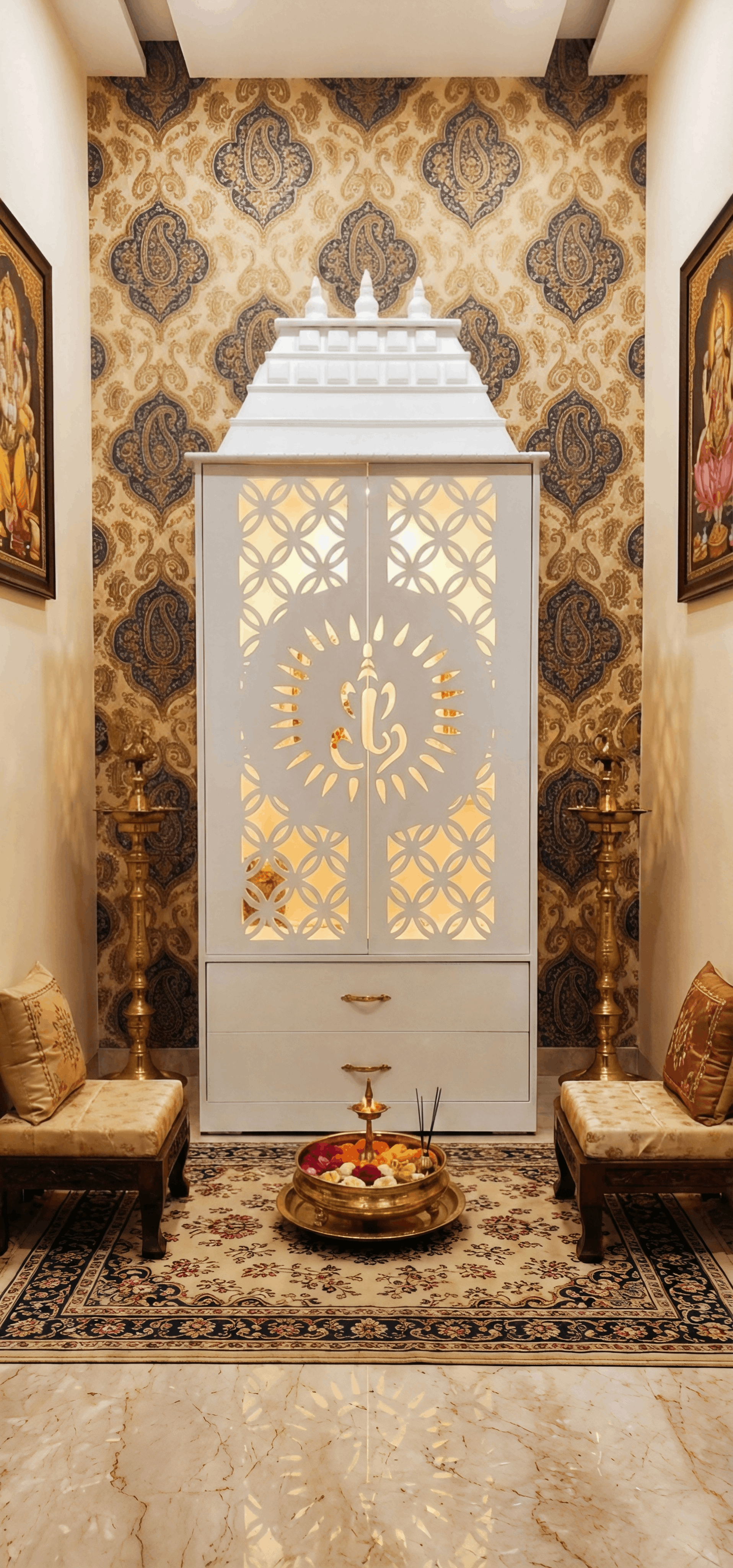 Modern All-White Pooja Mandir with Backlit Jali Doors, Ganesha Sun Cut-Out & 2 Storage Drawers