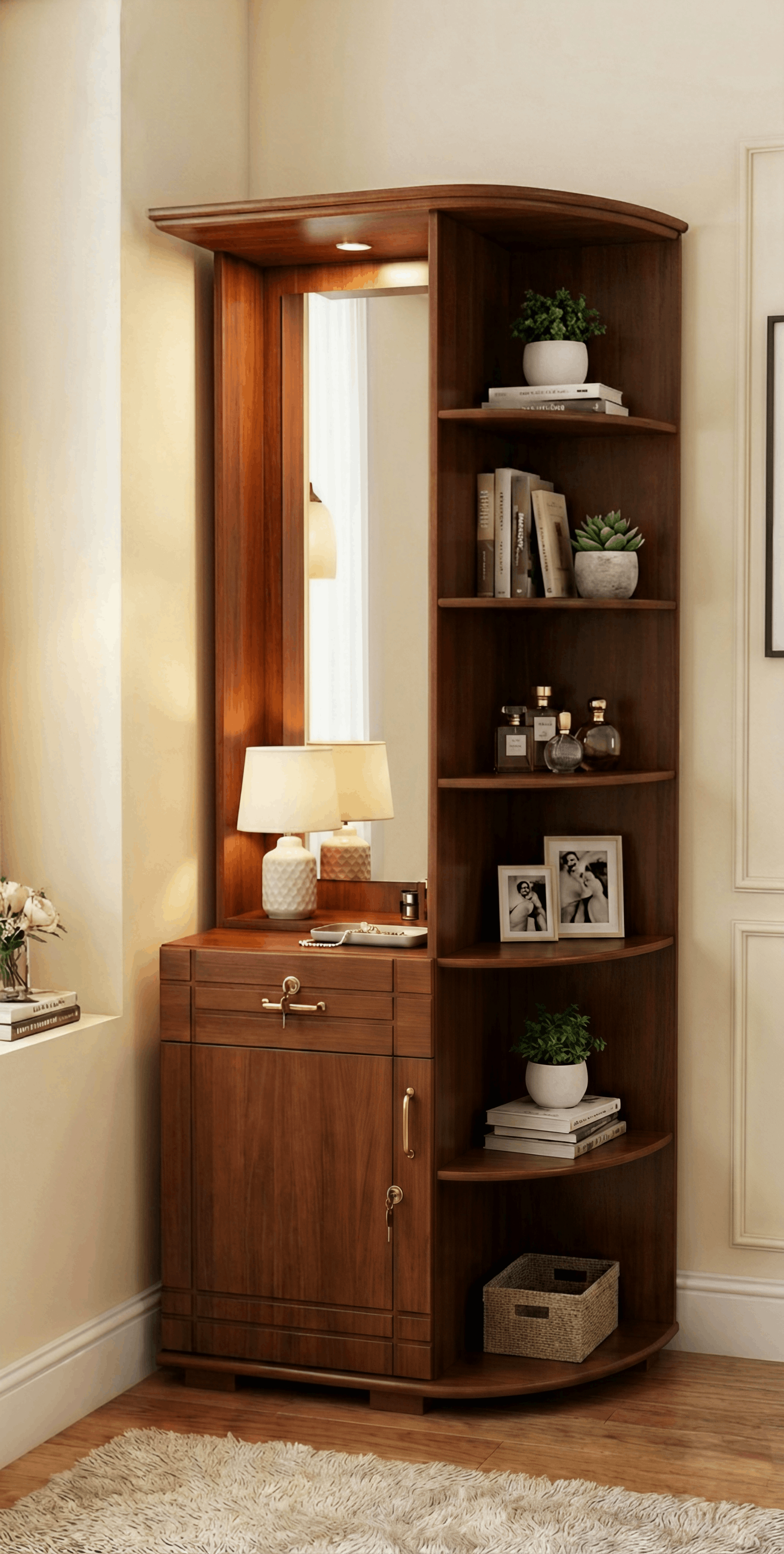 Walnut Finish Corner Dressing Unit with Mirror, Lockable Storage & Curved Display Shelves