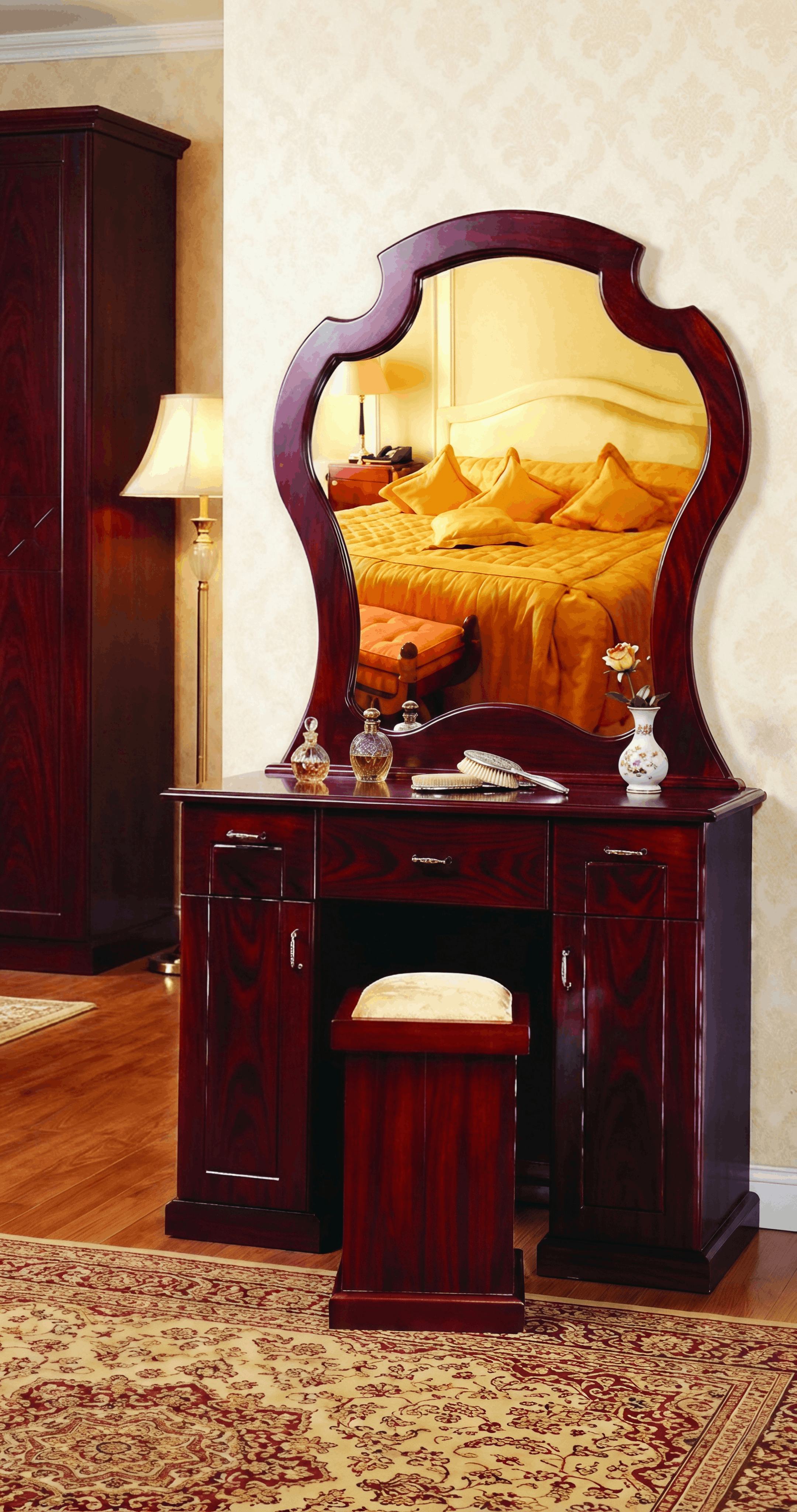 Classic Mahogany Vanity Dressing Table with Shaped Mirror & Matching Stool