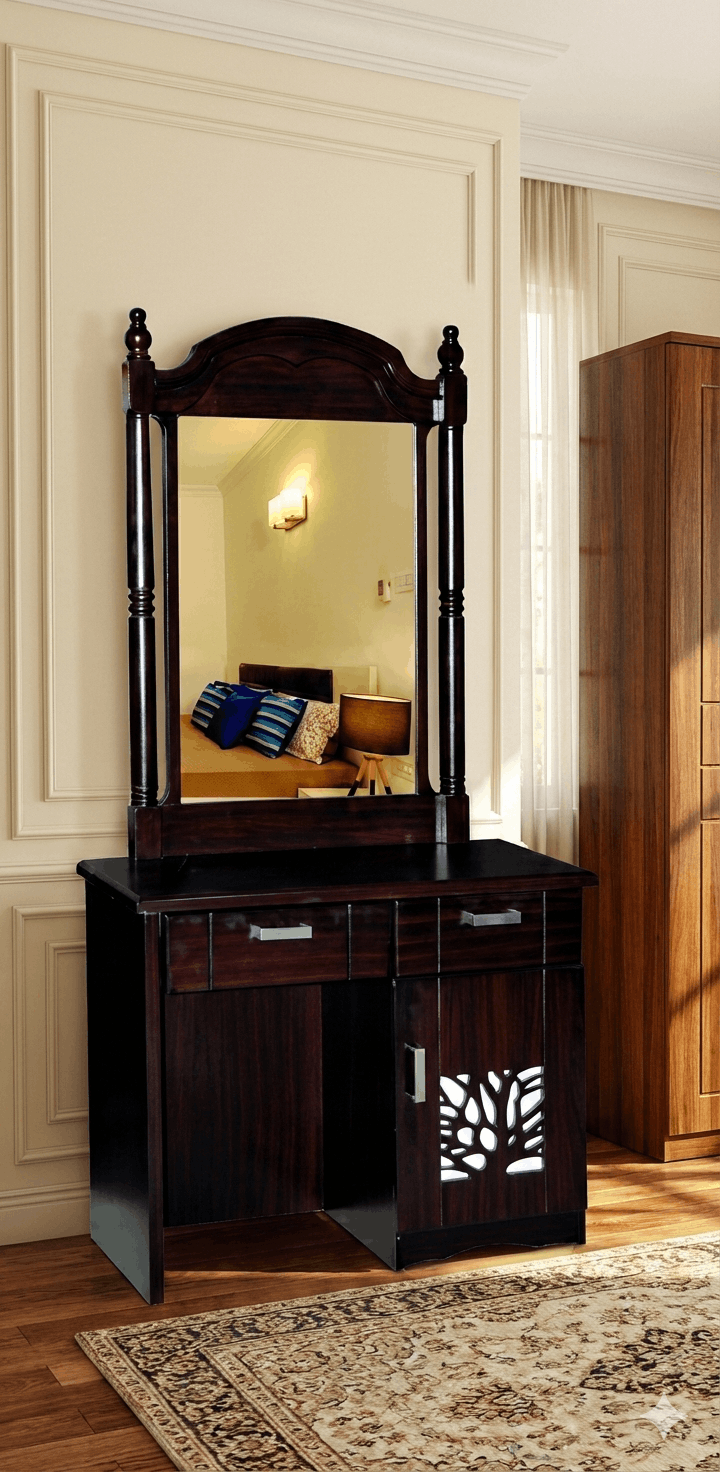 Classic Dark Walnut Dressing Table with Arched Mirror, 2 Drawers & Storage Cabinet