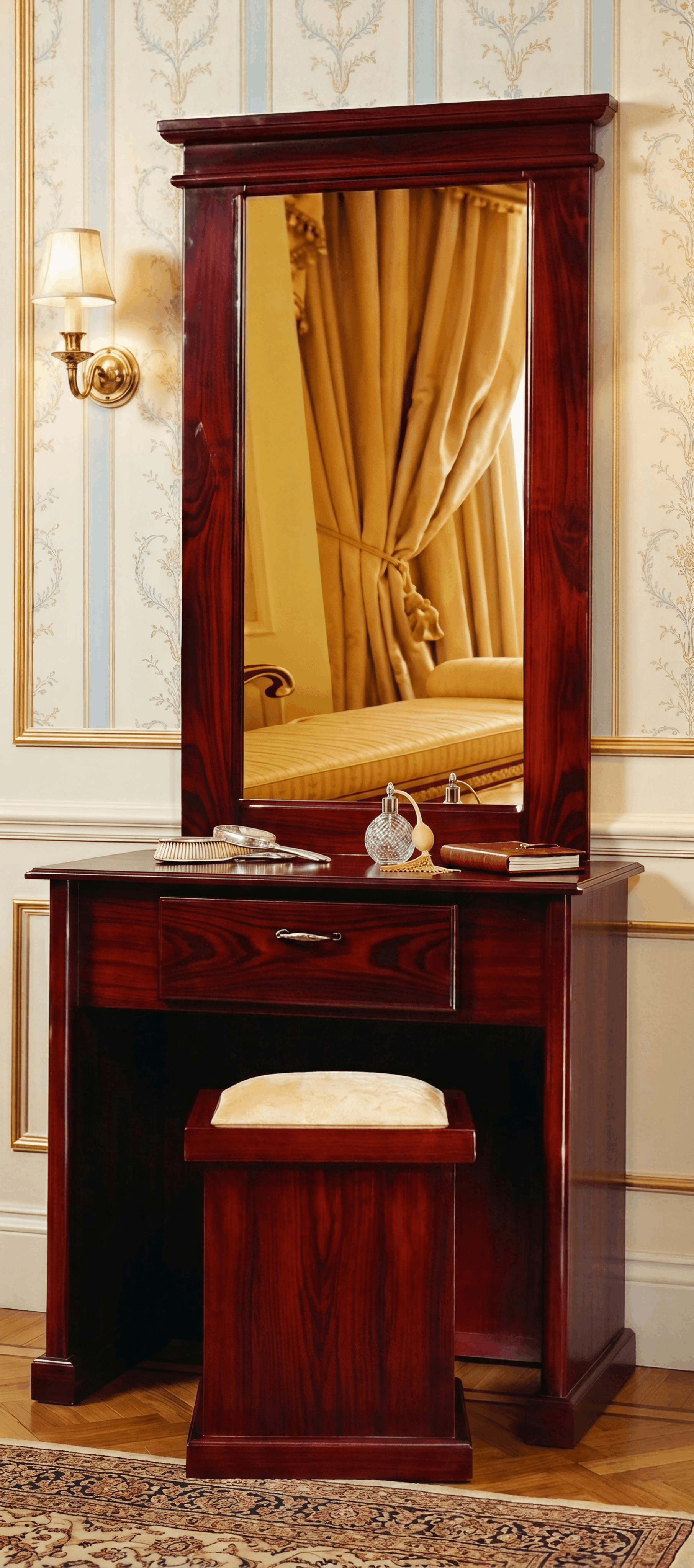 Classic Mahogany Vanity Dressing Table with Tall Rectangular Mirror & Matching Stool