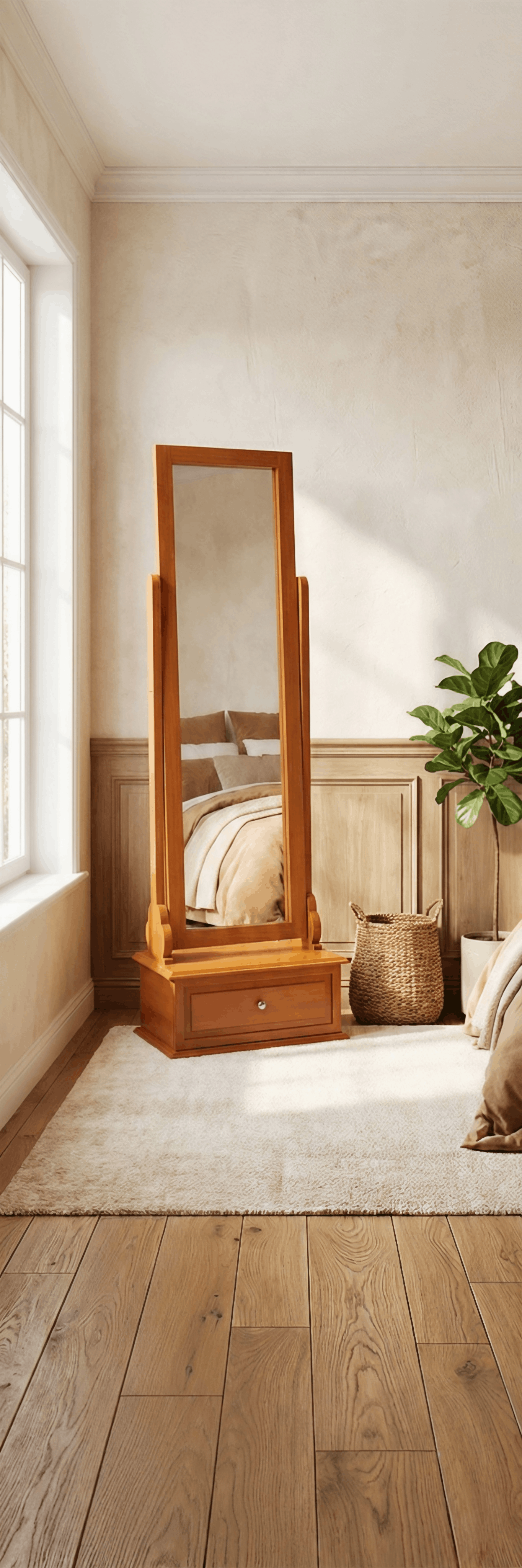 Tiltable Cheval Floor Mirror with Storage Drawer Base