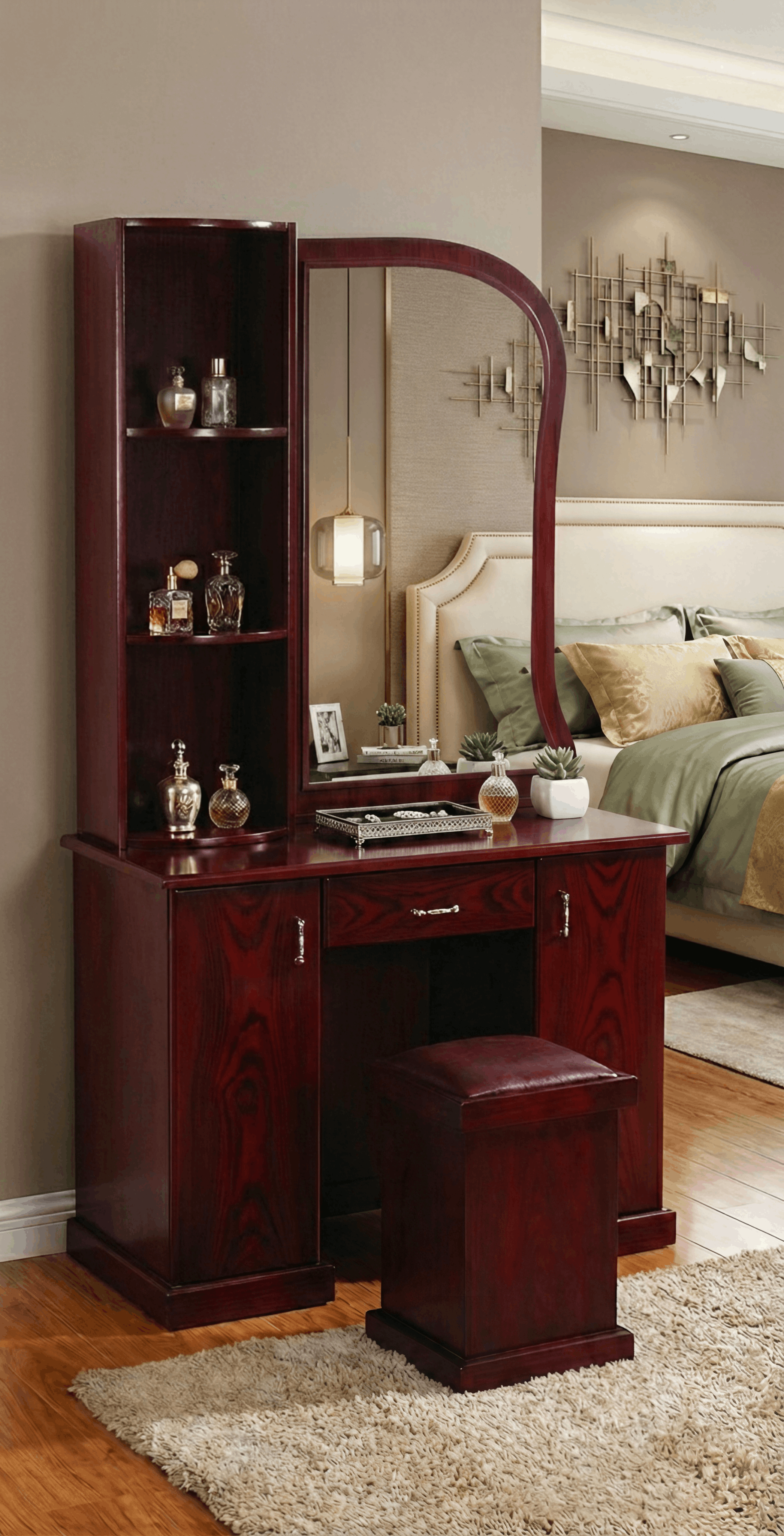 Mahogany Dressing Table with Curved Mirror, Side Display Tower & Matching Stool