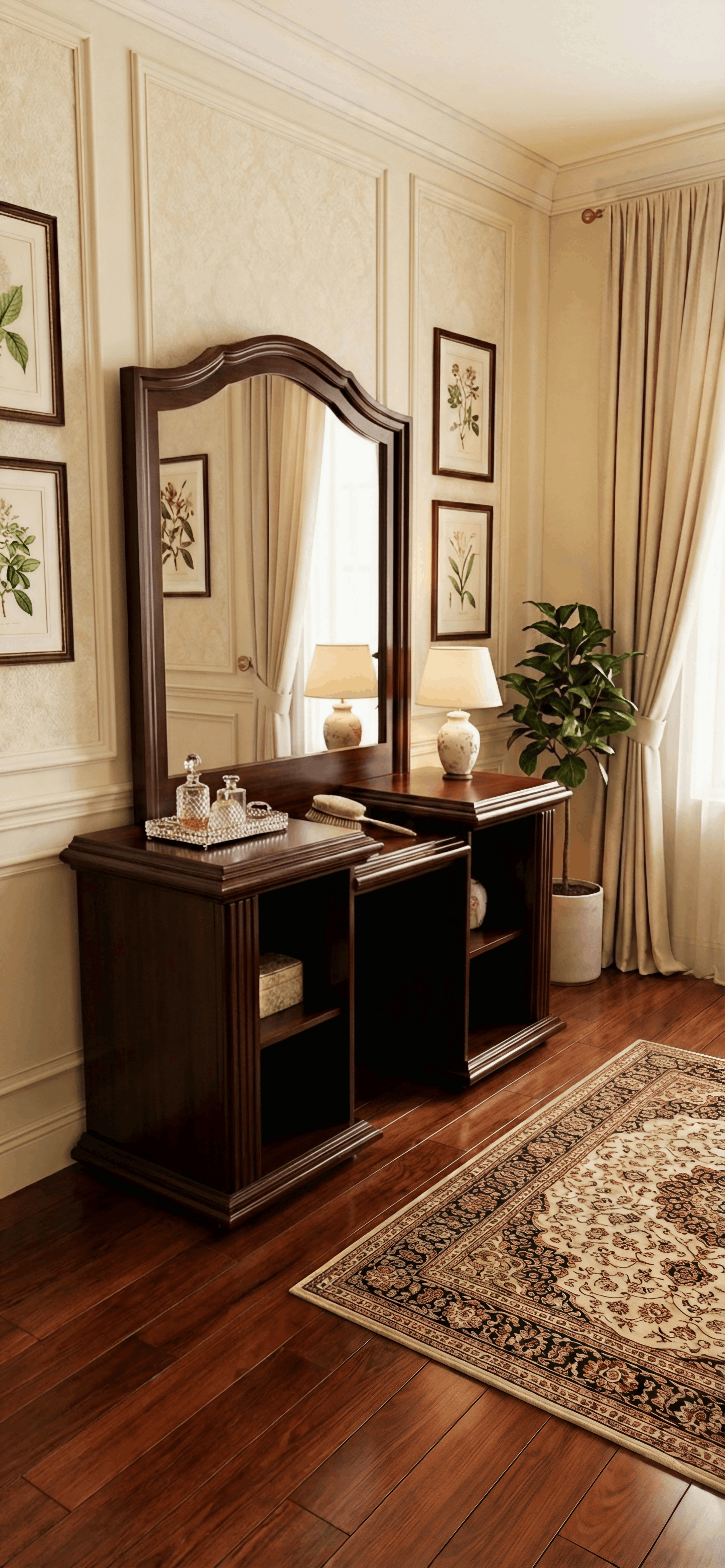 Dark Espresso Dressing Console with Arched Mirror & Extended Open Storage