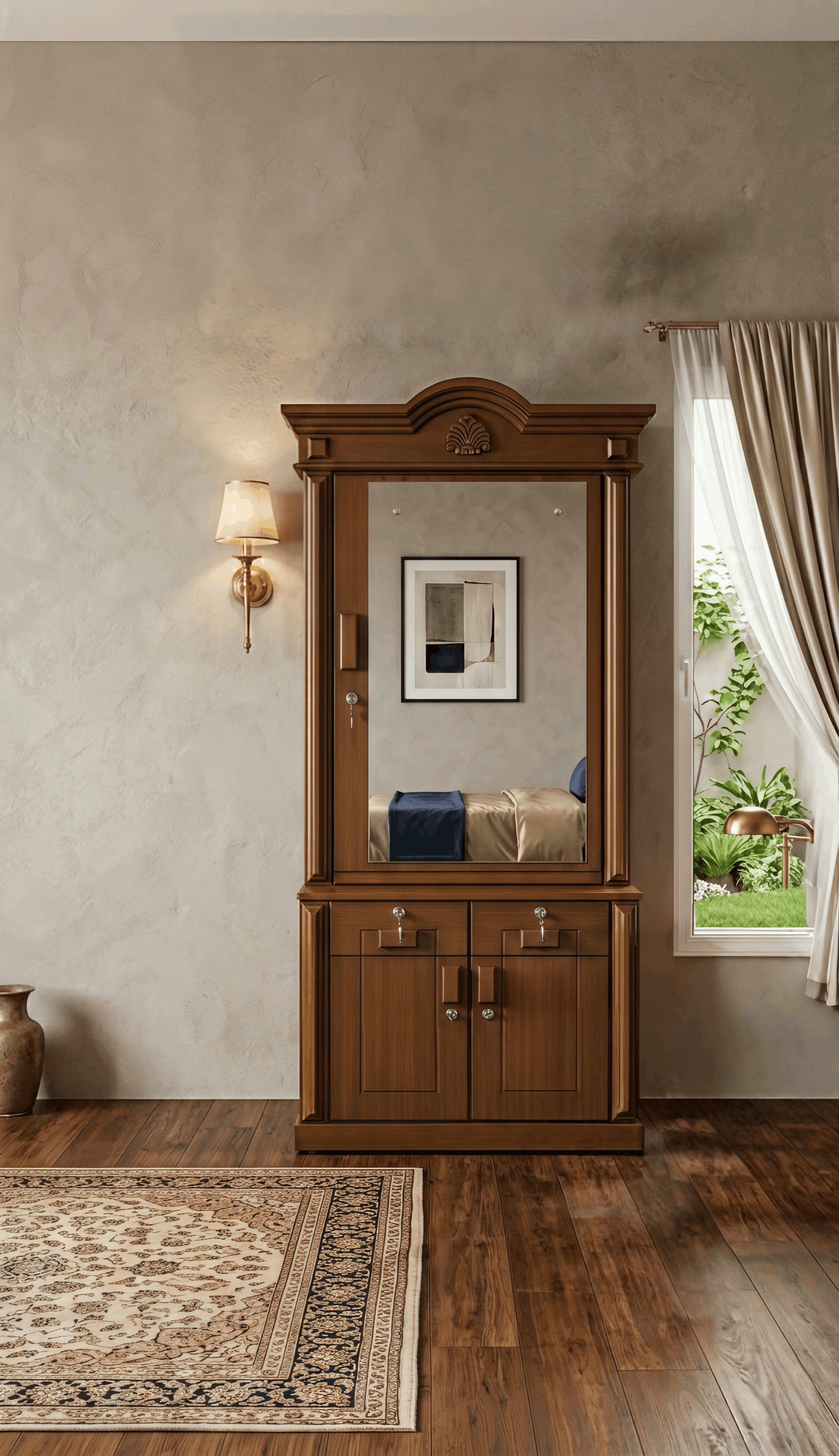 Classic Walnut Mirrored Wardrobe Cabinet with Pediment Crown, Lockable Drawers & Storage