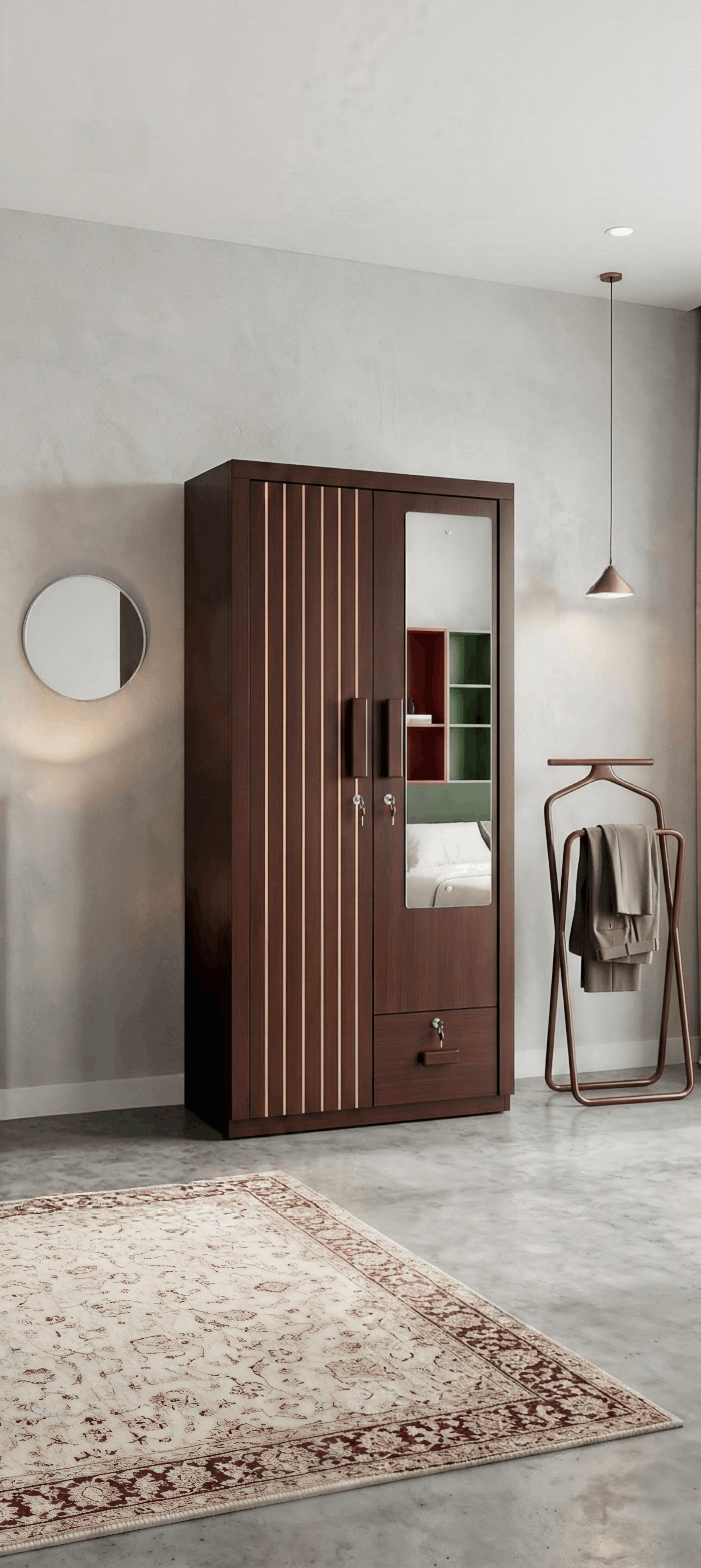 Modern Walnut Wardrobe with Fluted Strip Doors, Mirror Panel & Lockable Drawer